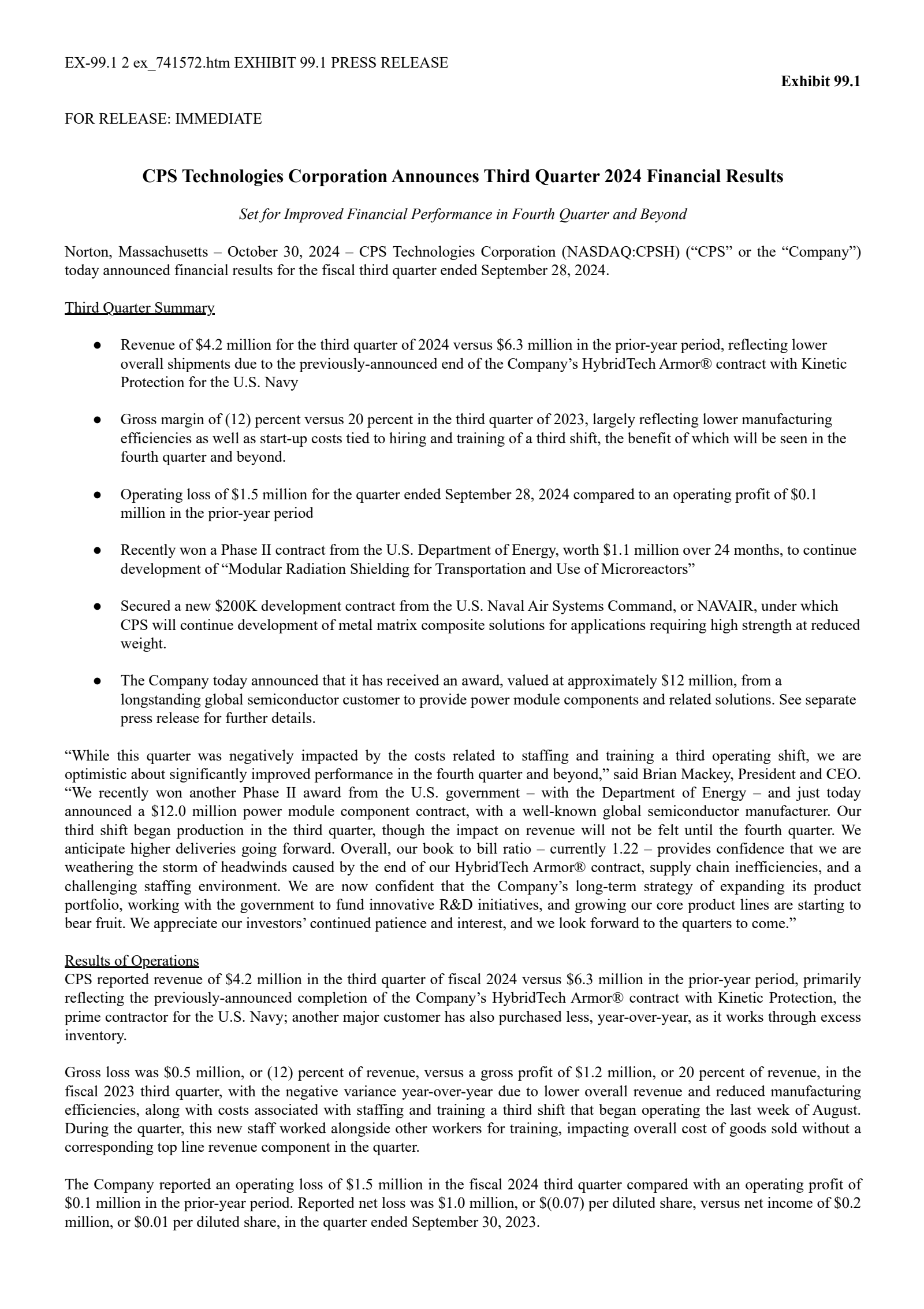 CPS Technologies' Q3 2024 Press Release
