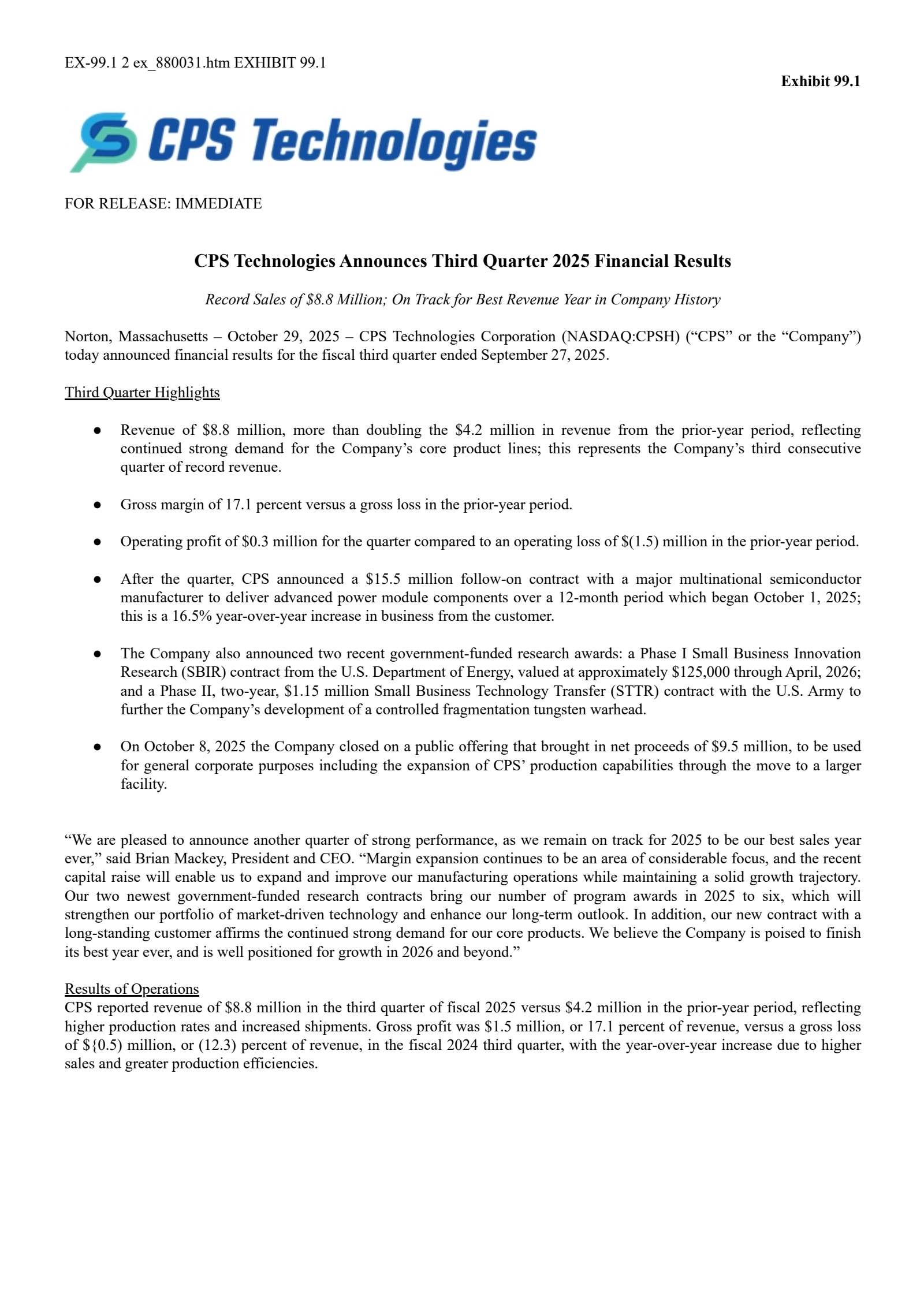 CPS Technologies' Q3 2025 Press Release