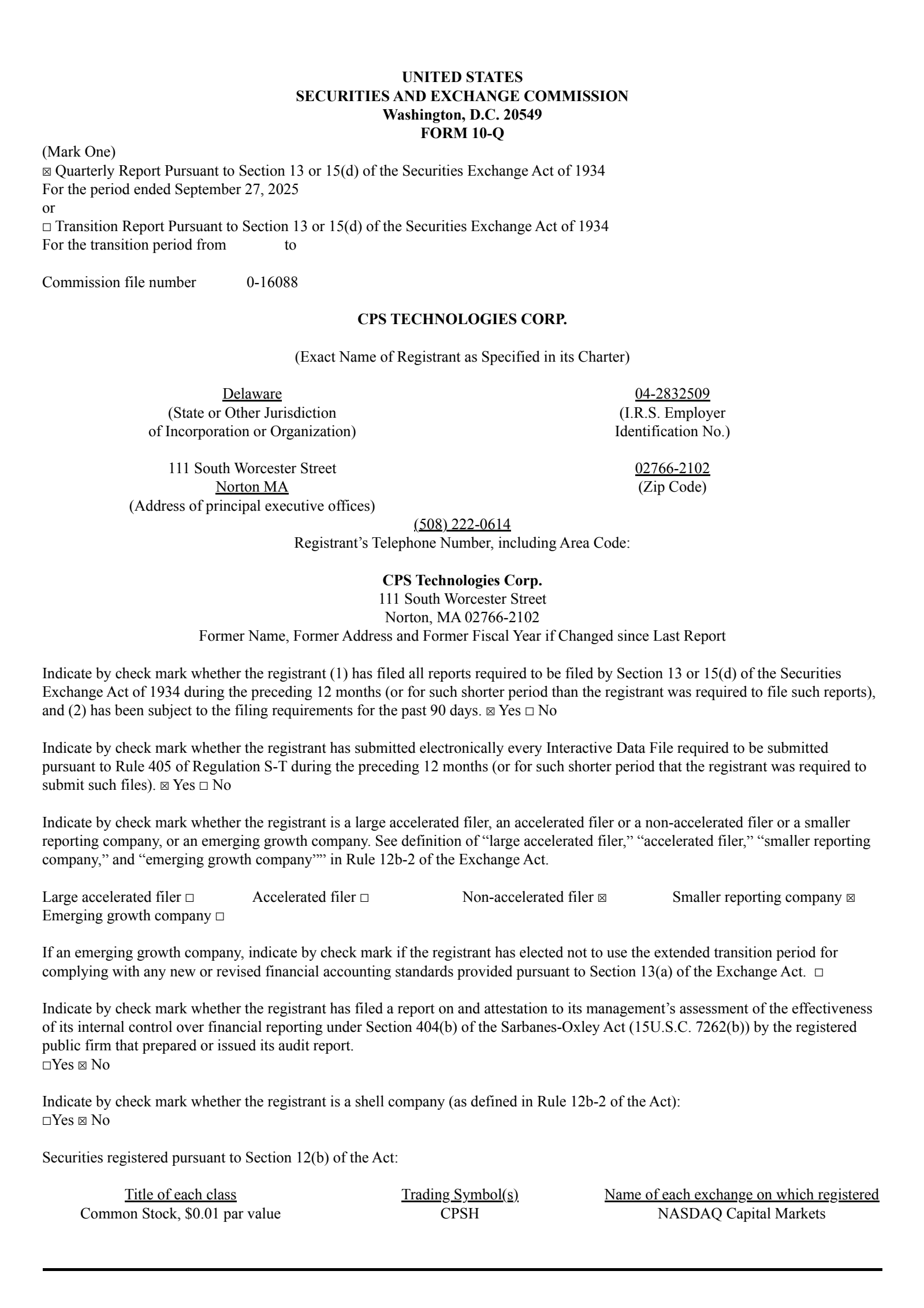 CPS Technologies' Q3 2025 Quarterly Report