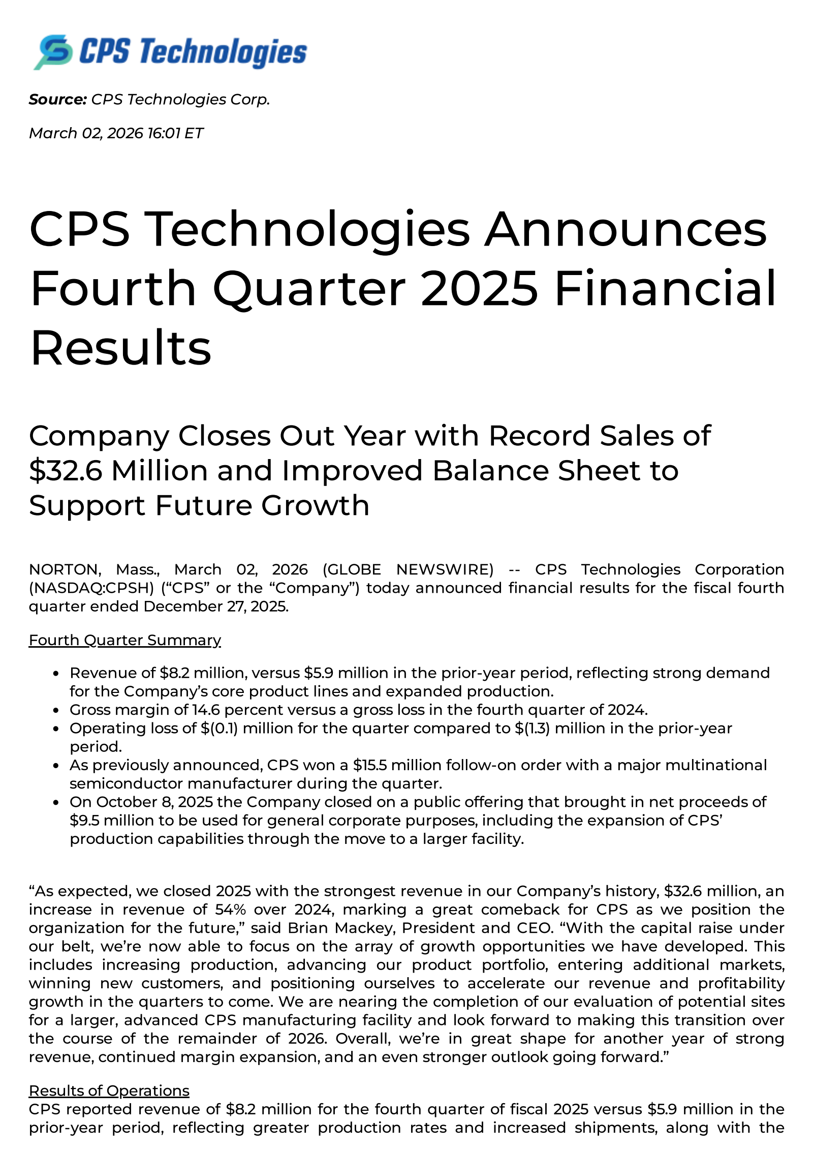 CPS Technologies' Q4 2025 Press Release
