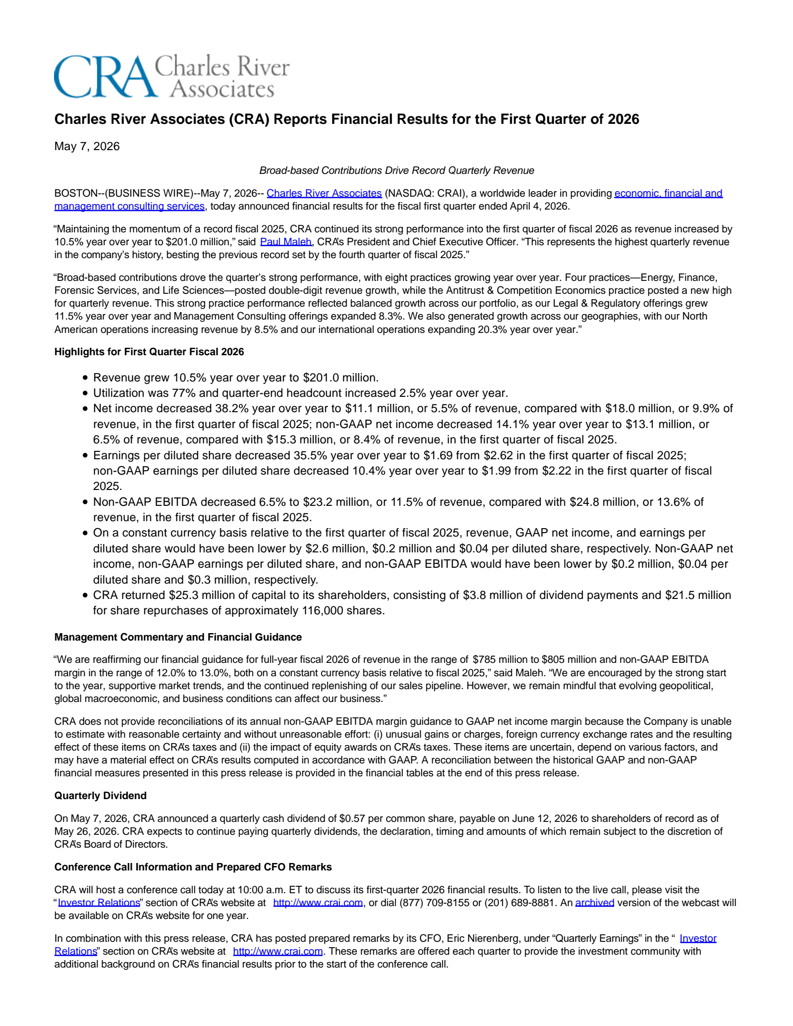 Charles River Associates' Q1 2026 Press Release
