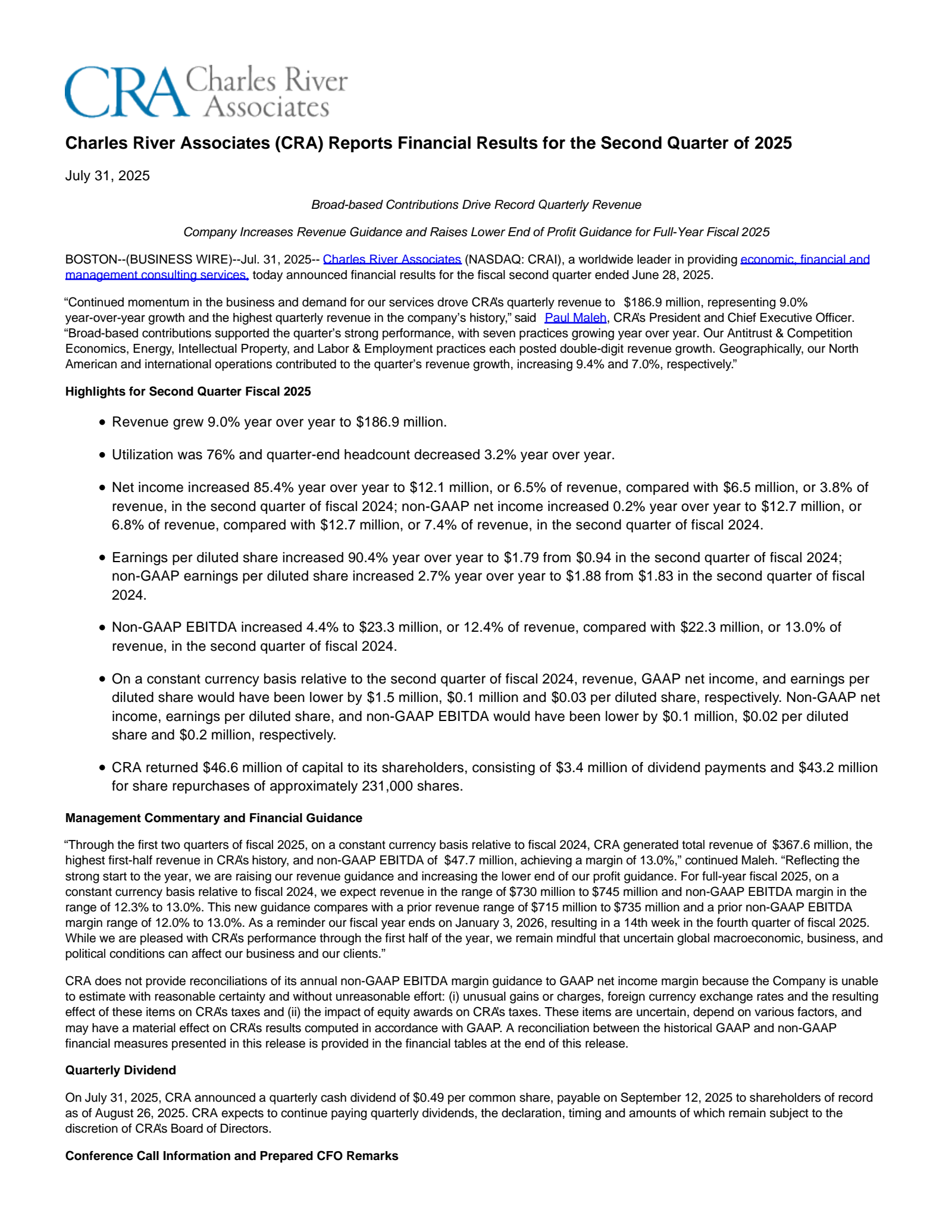 Charles River Associates' Q2 2025 Press Release