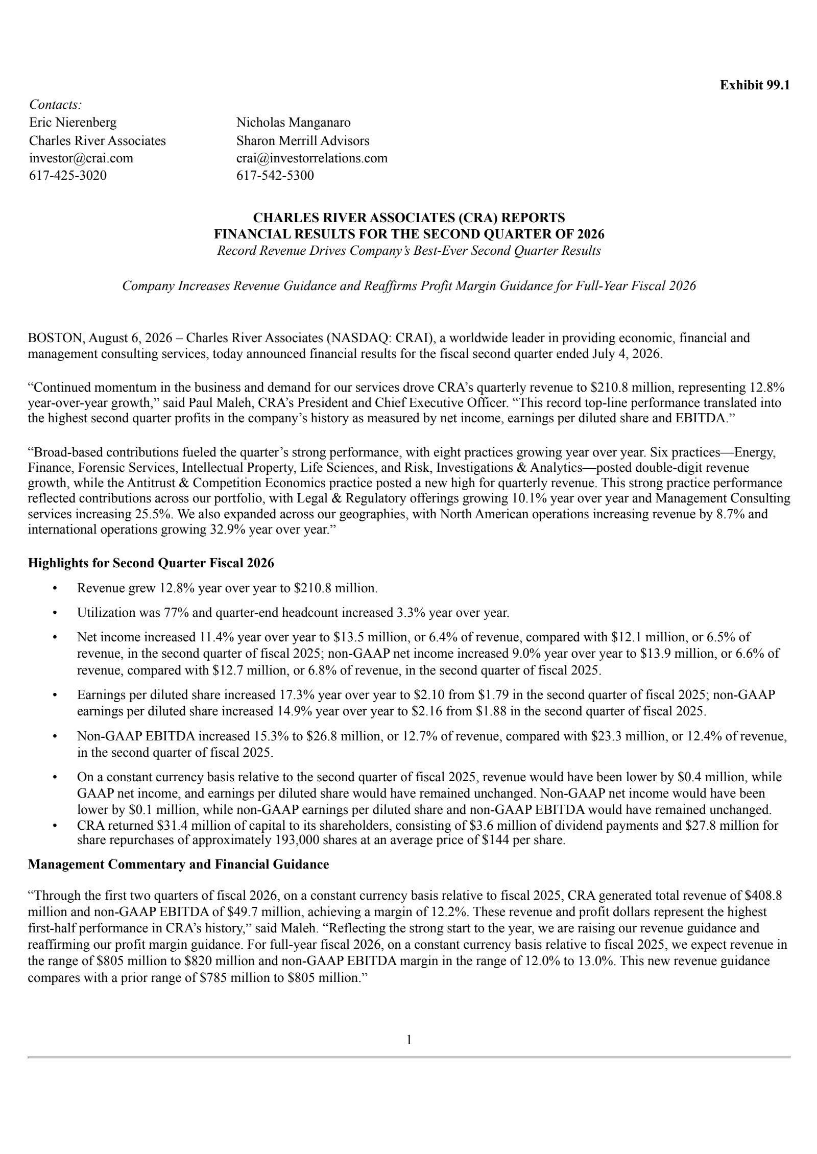 Charles River Associates' Q2 2026 Press Release