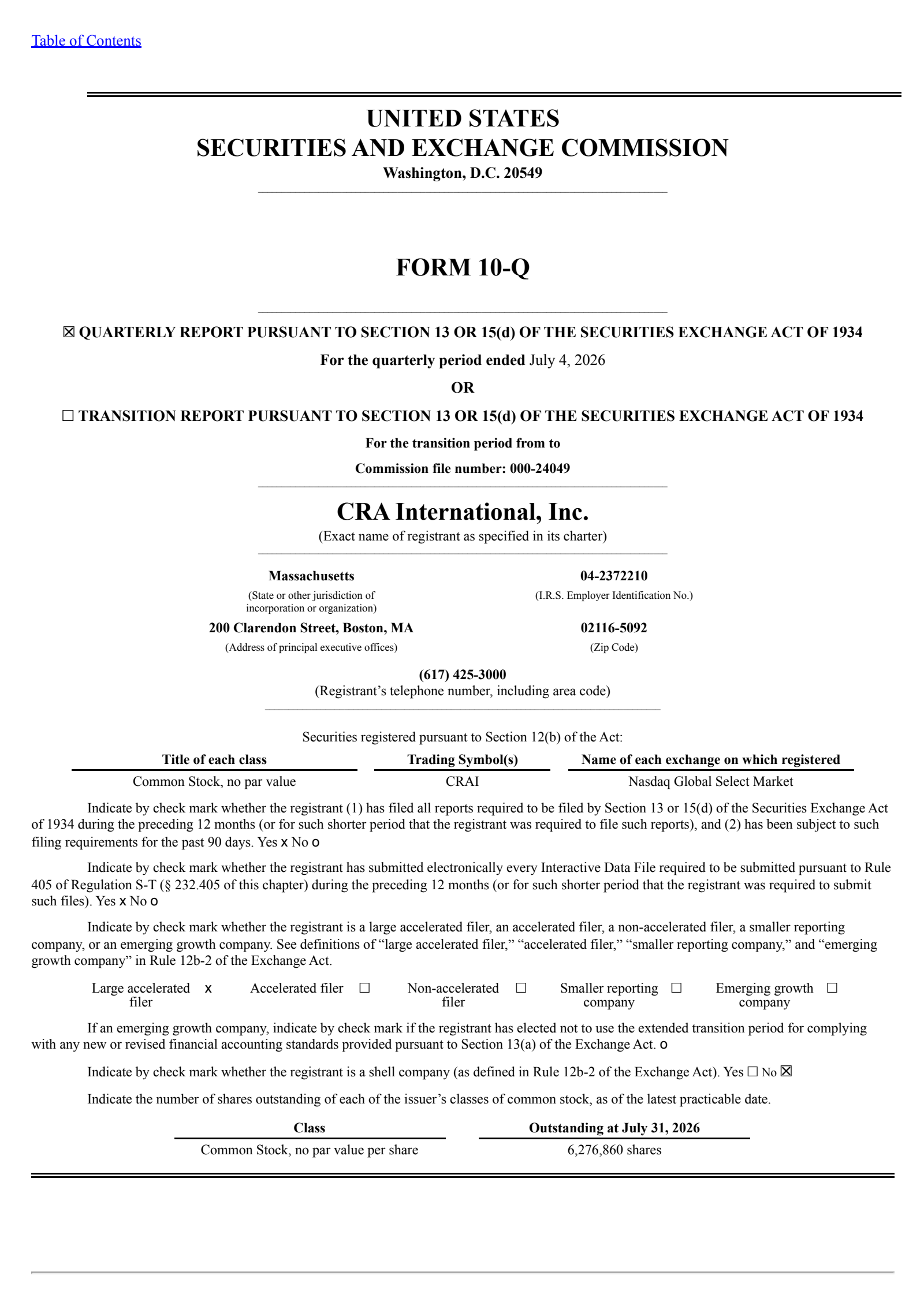 Charles River Associates' Q2 2026 Quarterly report