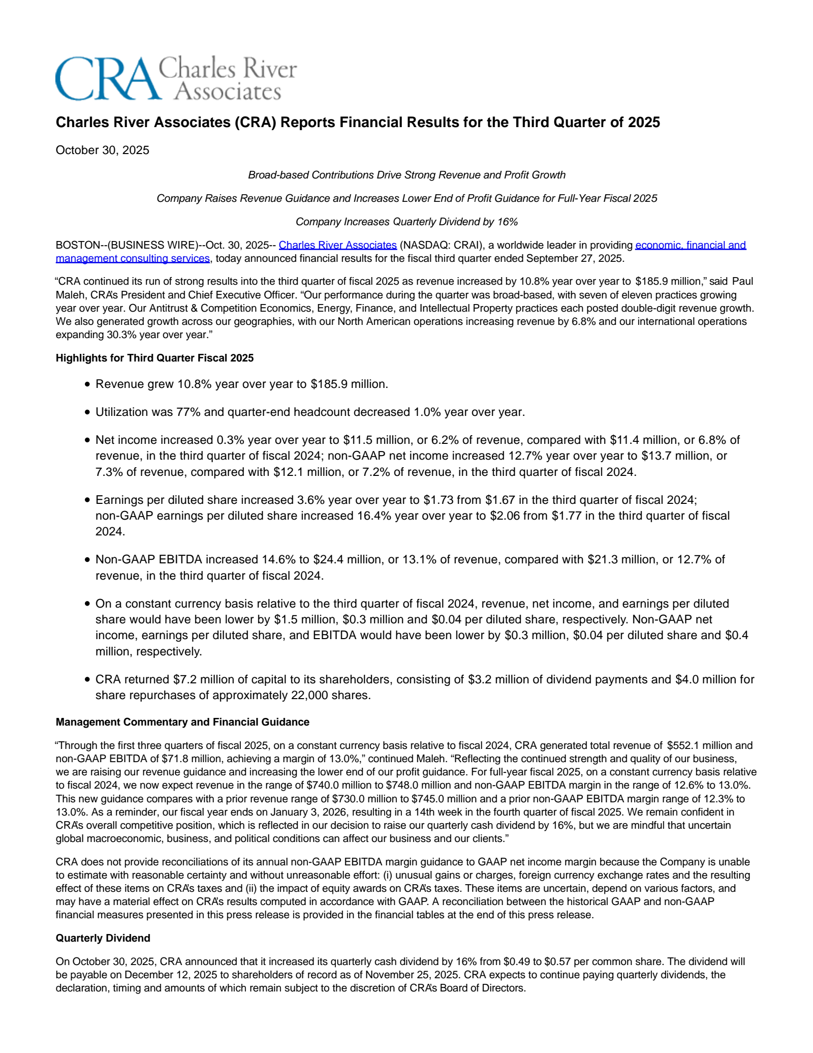 CRAI Q3 2025 Earnings Report on 10/30/2025