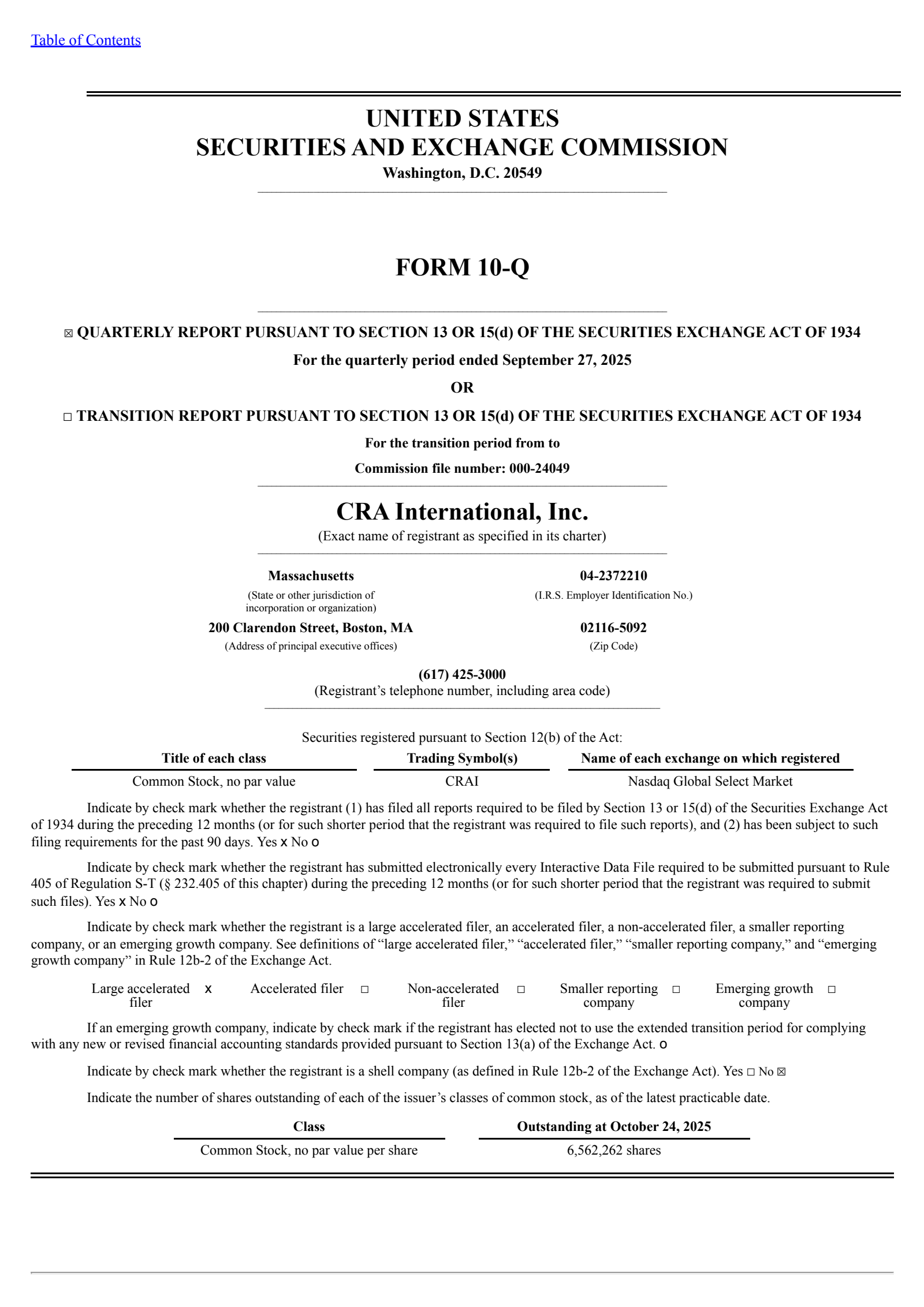 Charles River Associates' Q3 2025 Quarterly Report