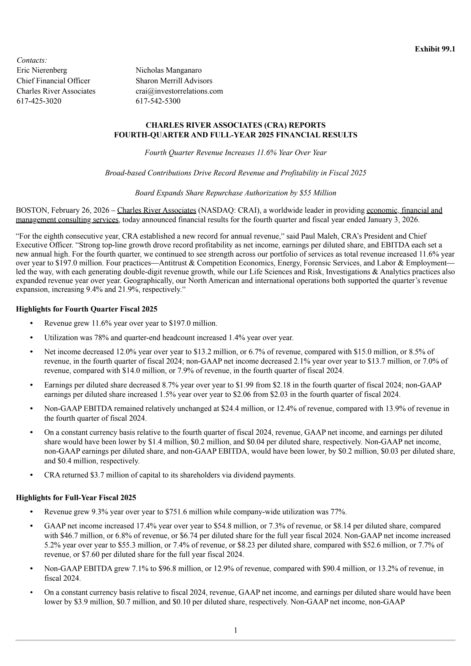 Charles River Associates' Q4 2025 Press Release