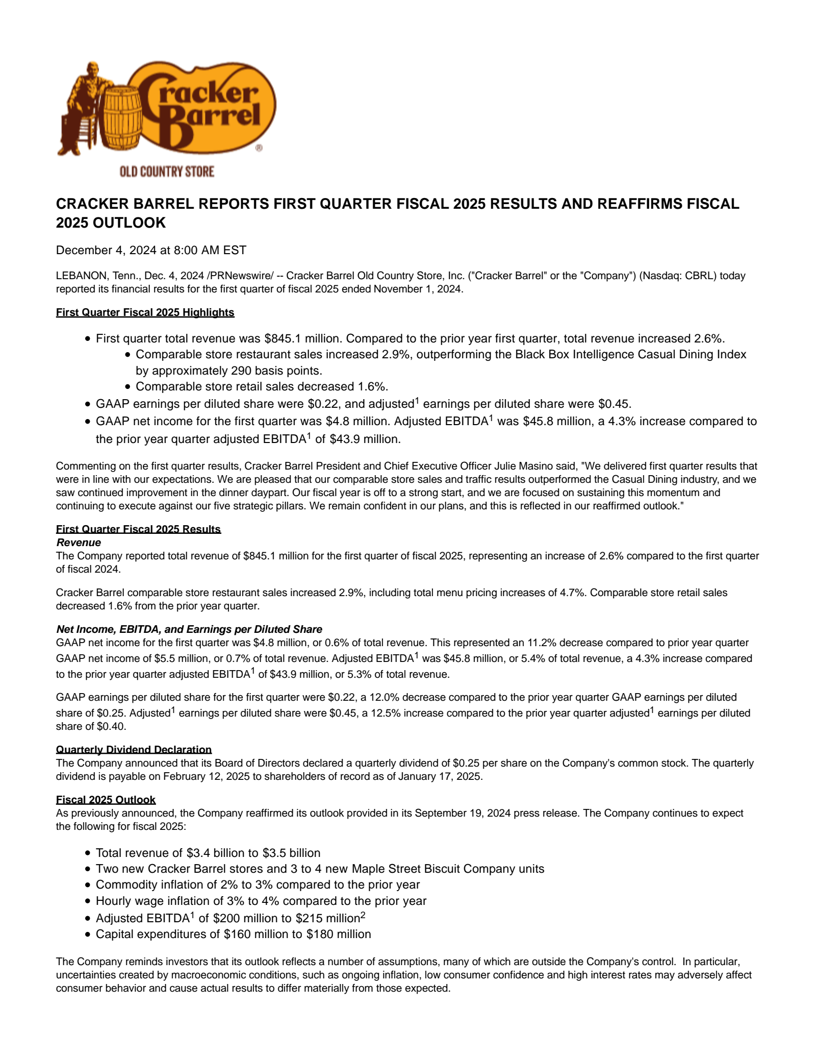 Cracker Barrel Old Country Store's Q1 2025 Press Release