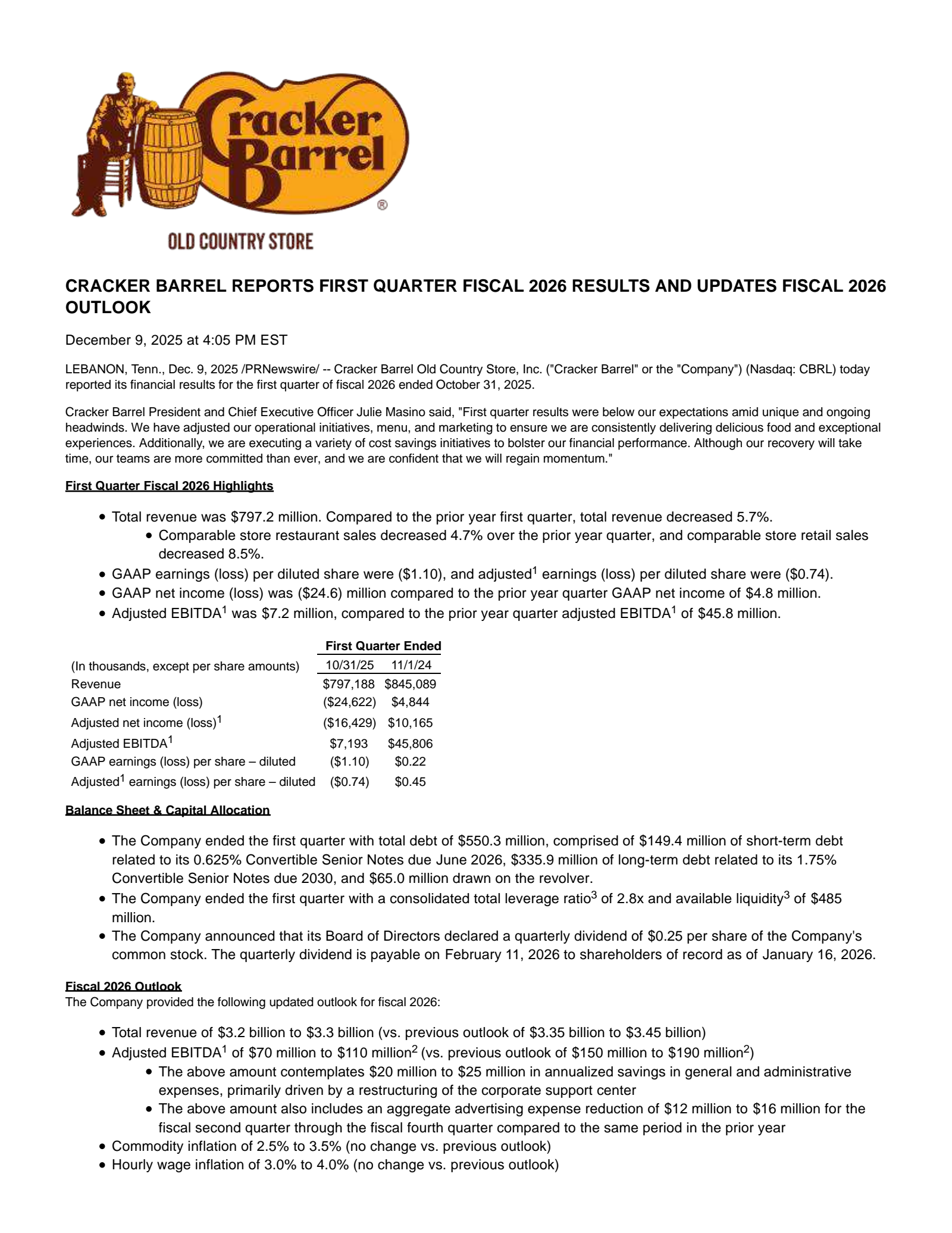 Cracker Barrel Old Country Store's Q1 2026 Earnings Release