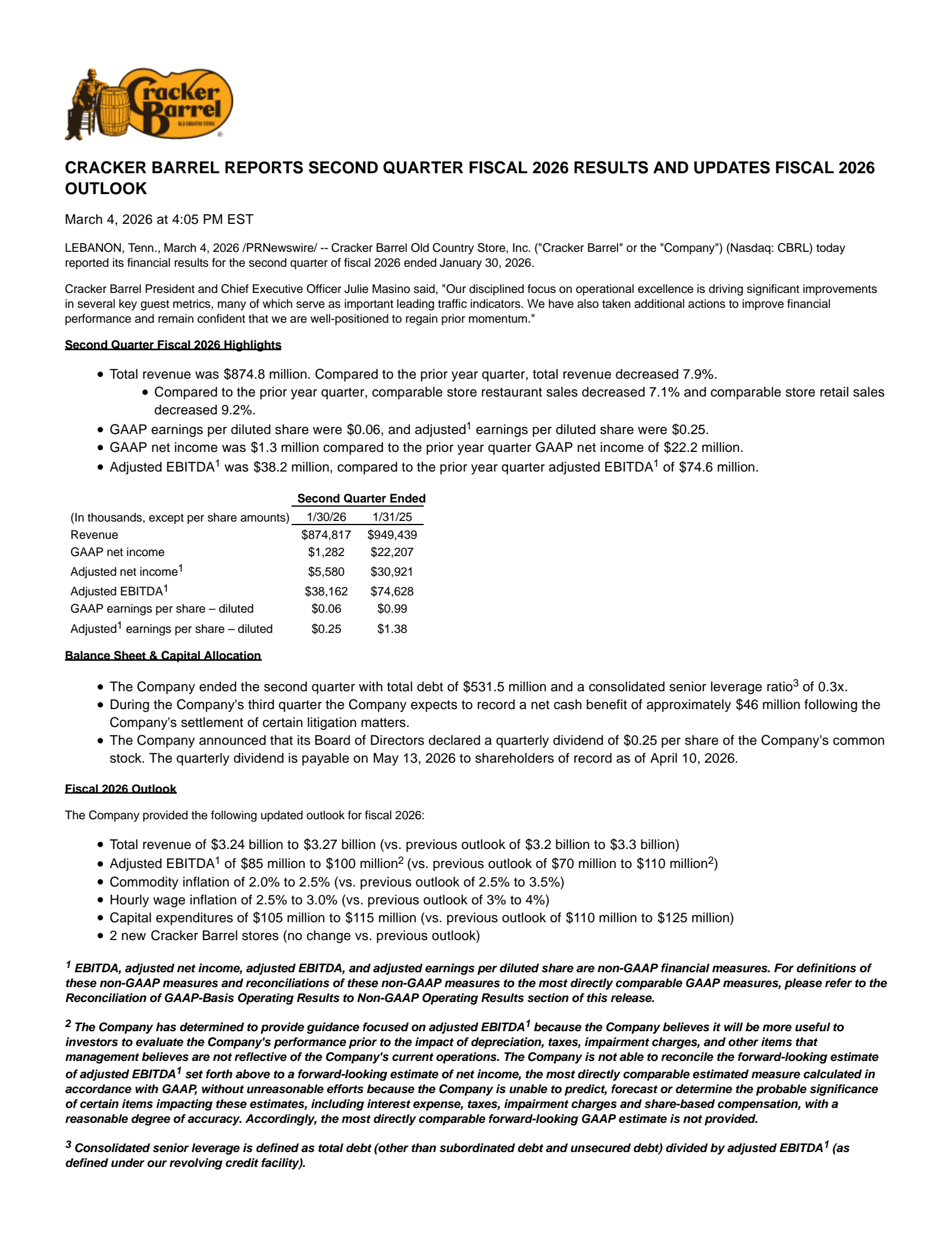 Cracker Barrel Old Country Store's Q2 2026 Press Release