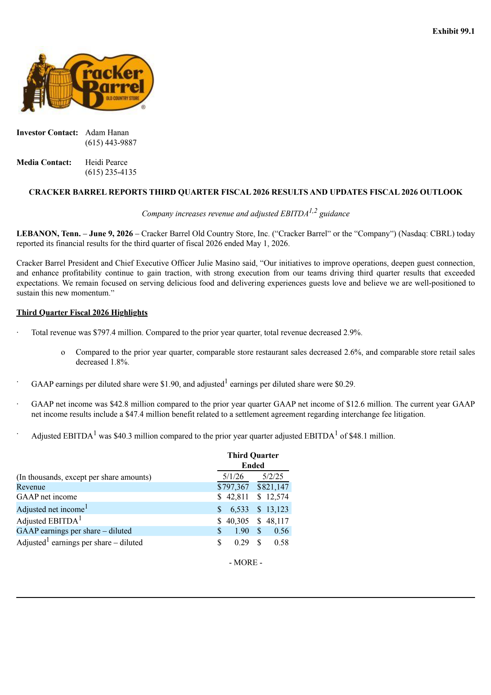 Cracker Barrel Old Country Store's Q3 2026 Press Release