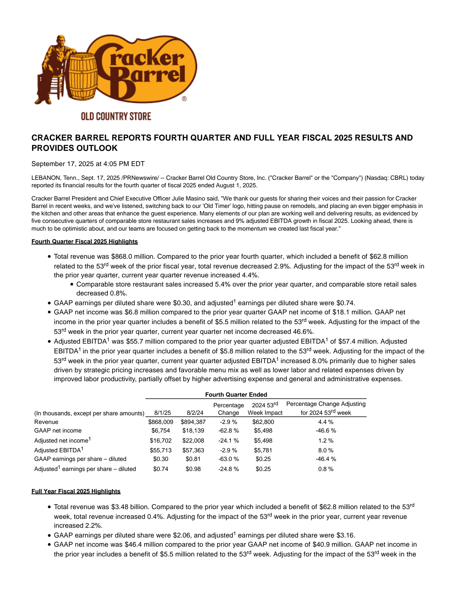 Cracker Barrel Old Country Store's Q4 2025 Earnings Release