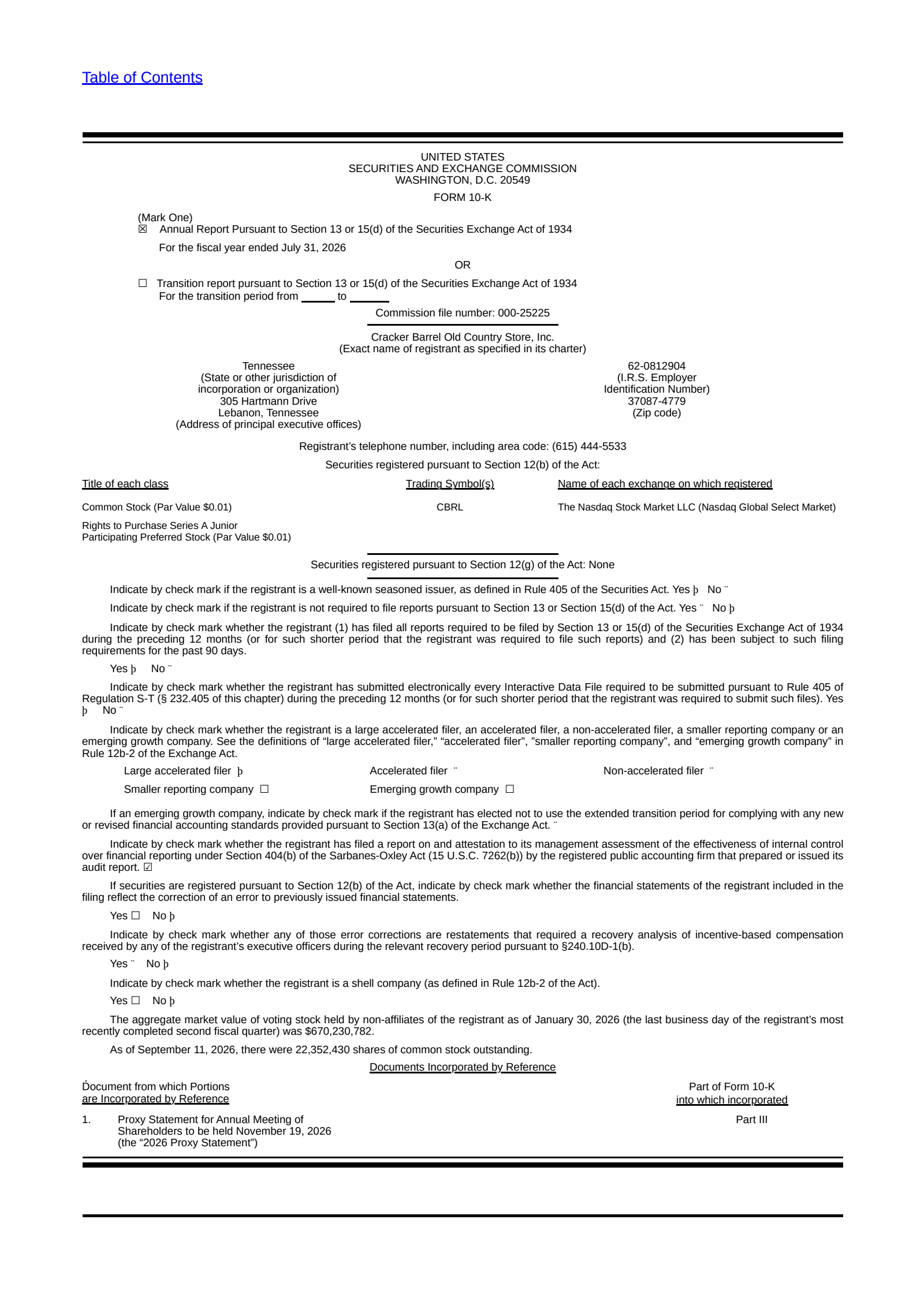 Cracker Barrel Old Country Store's Q4 2026 Annual report