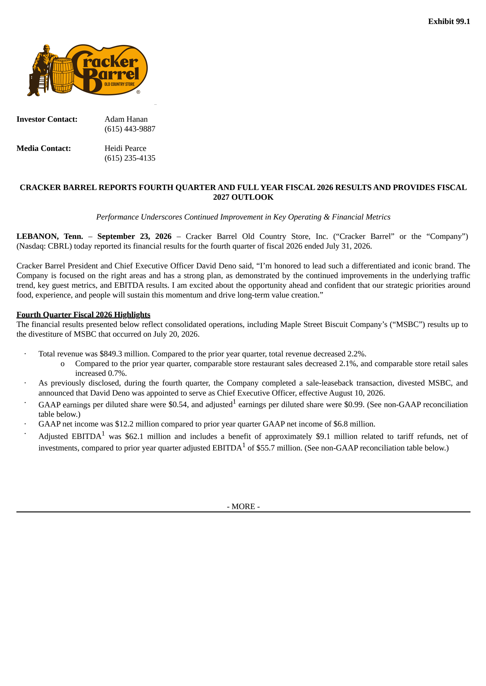 Cracker Barrel Old Country Store's Q4 2026 Press Release