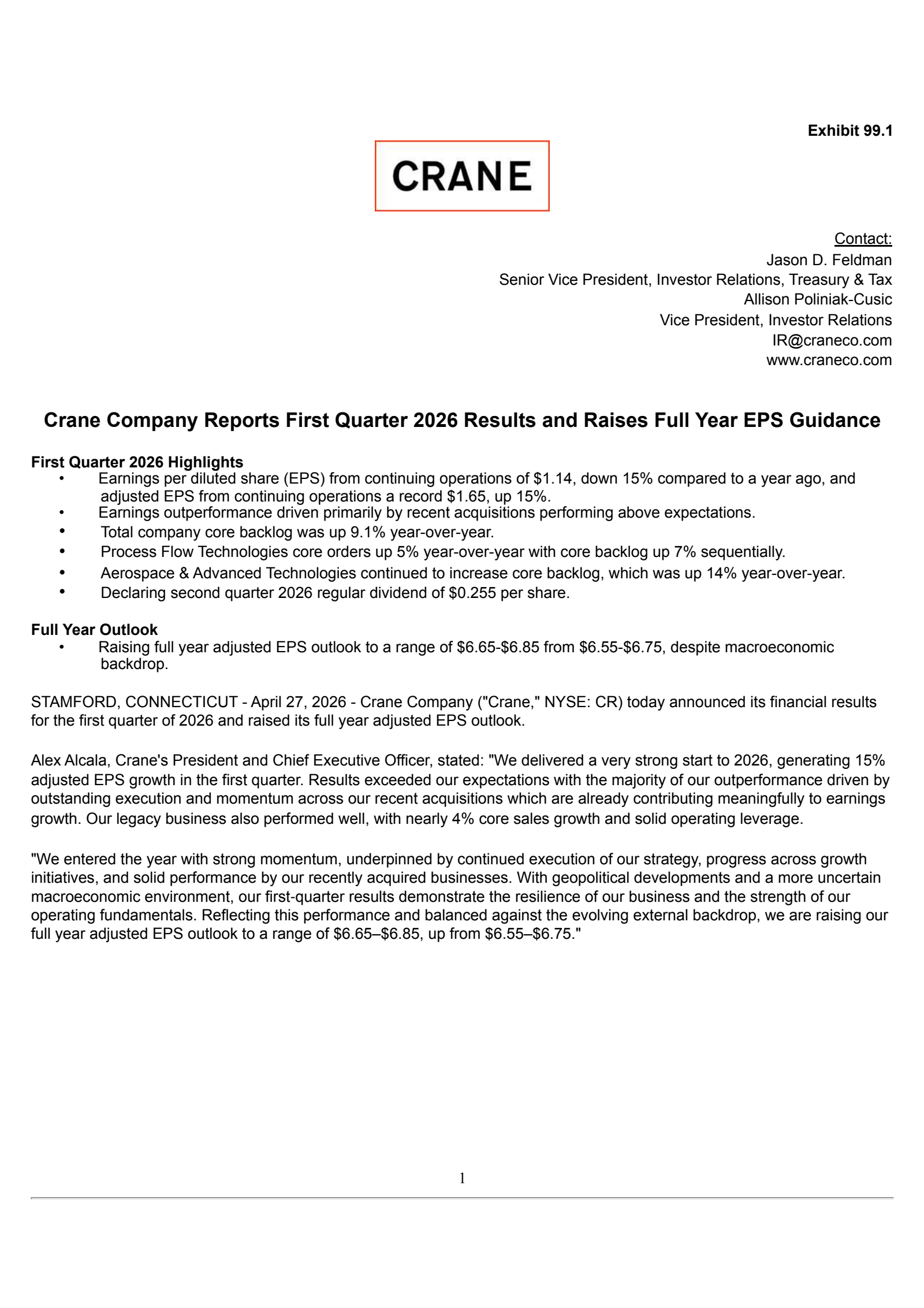 Crane's Q1 2026 Press Release