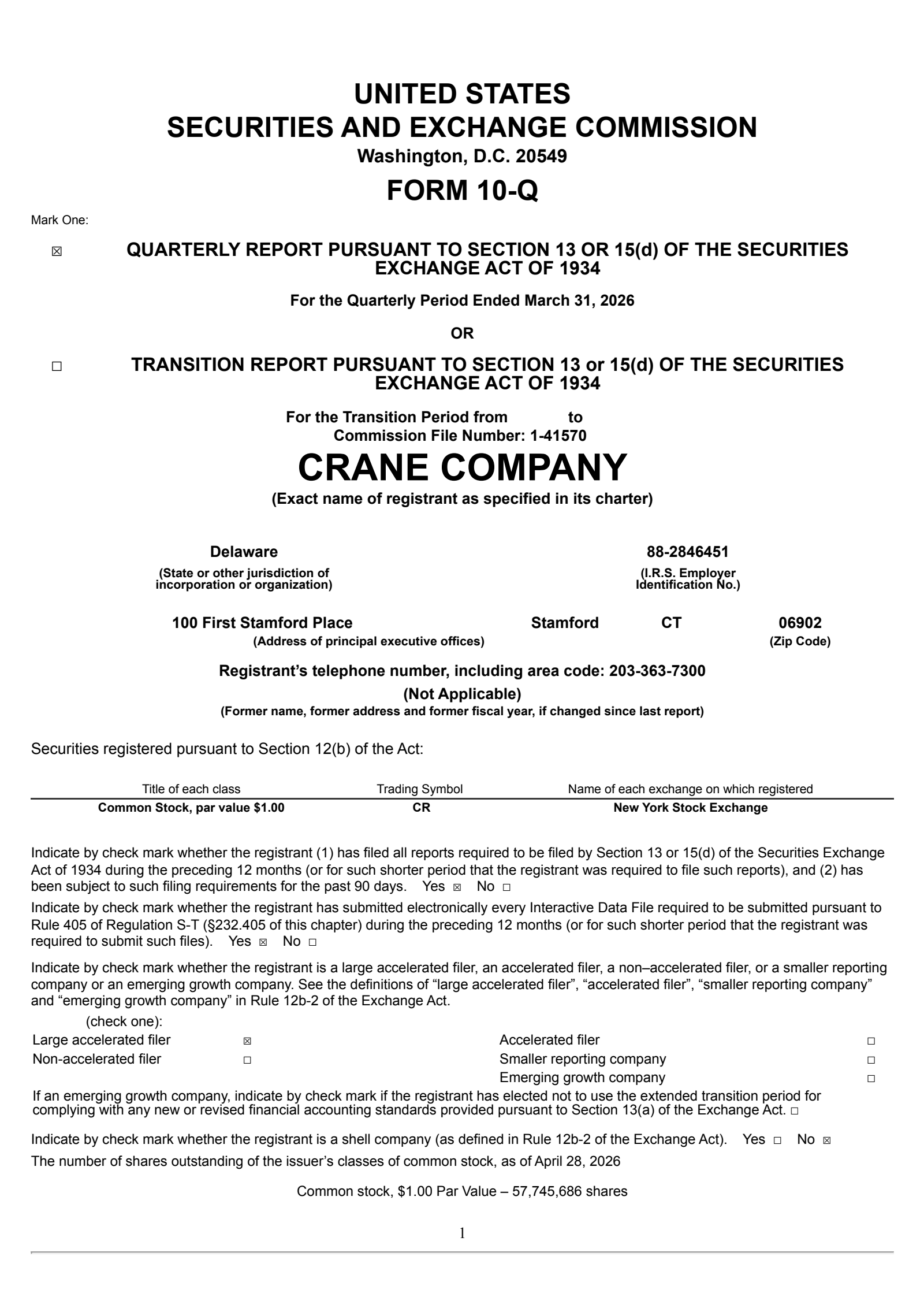 Crane's Q1 2026 Quarterly report