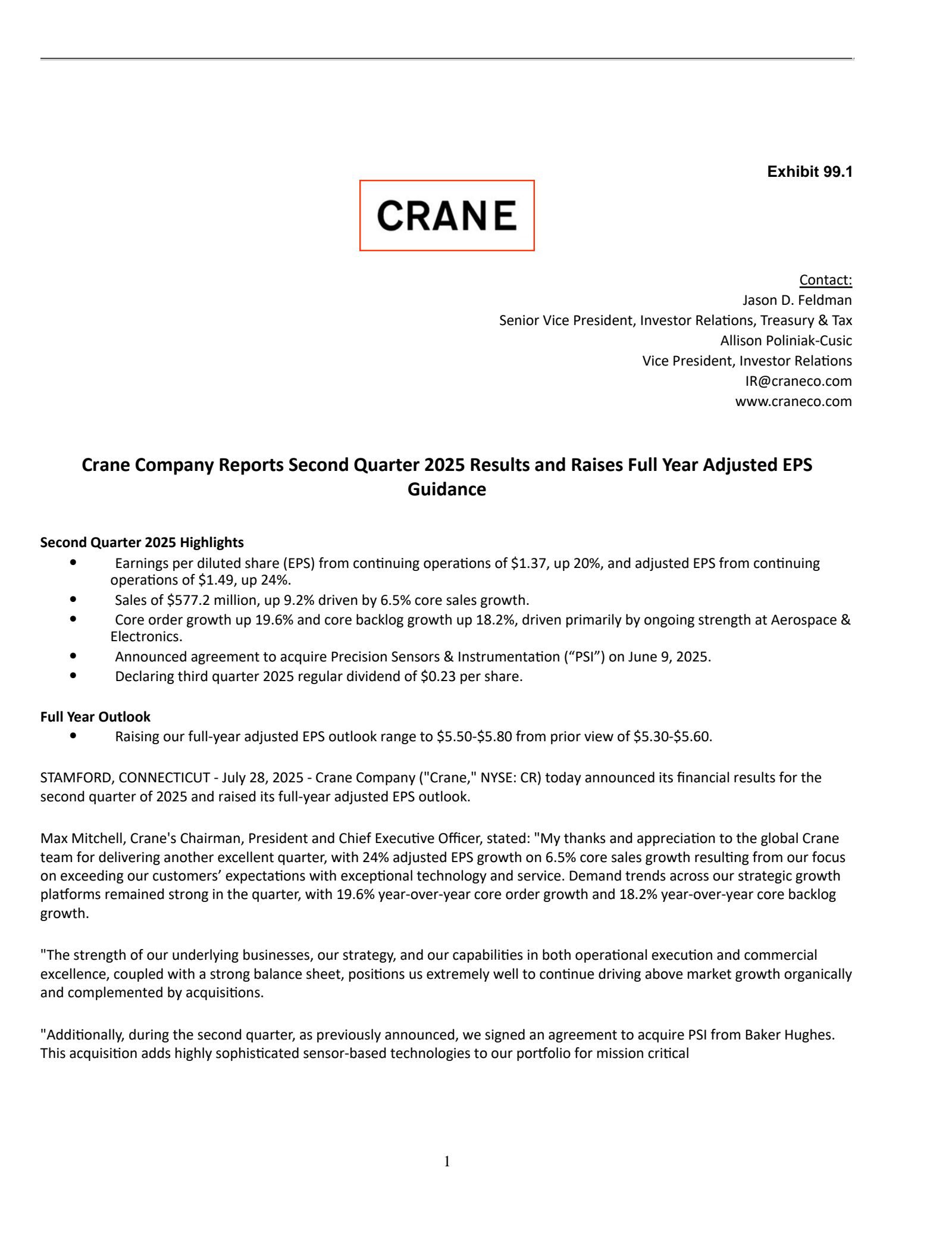 Crane's Q2 2025 Press Release