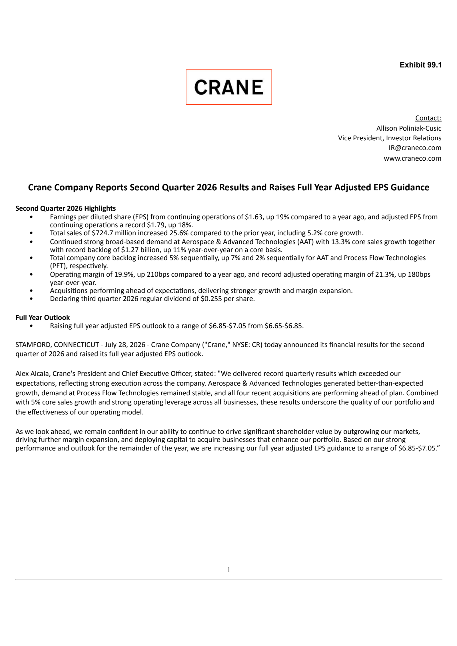 Crane's Q2 2026 Press Release