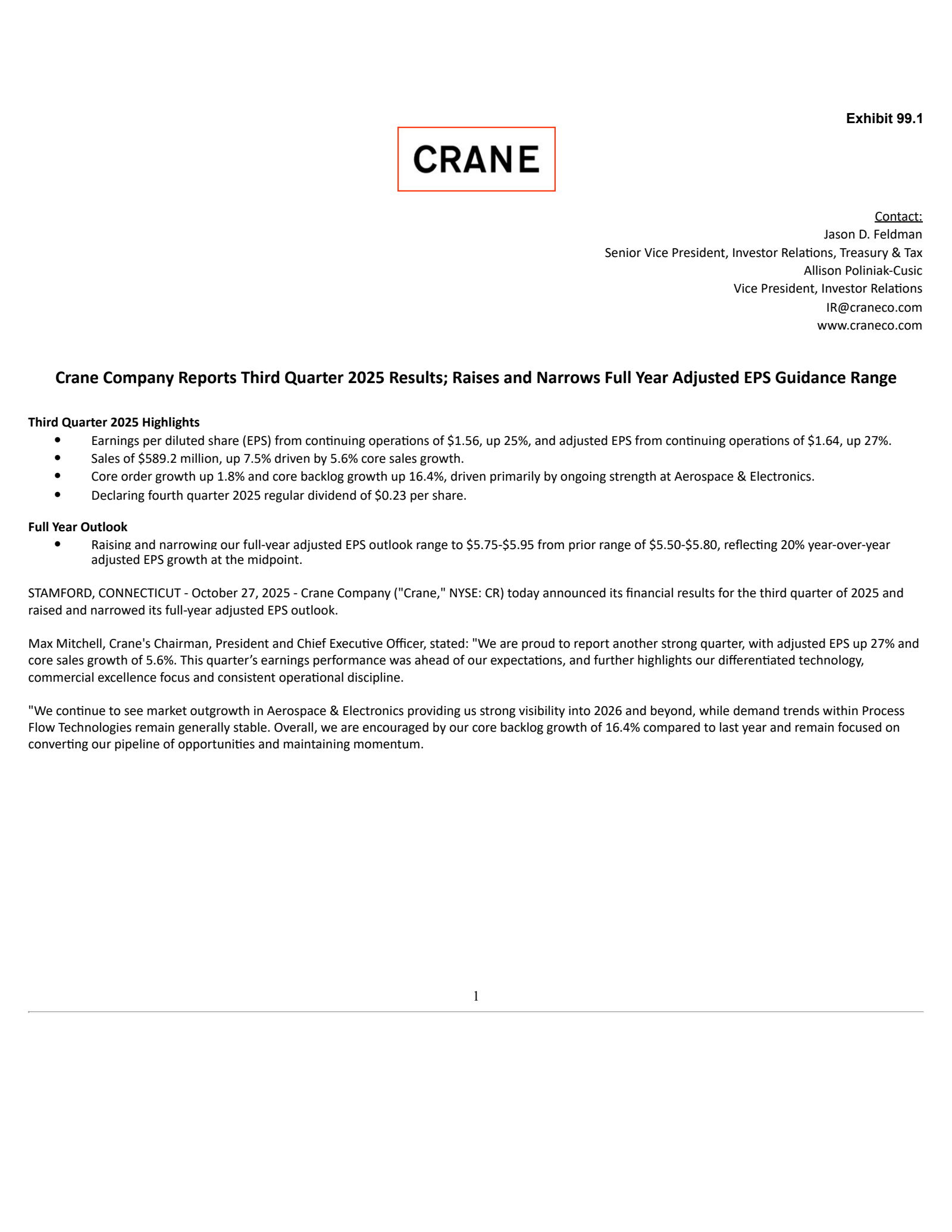 Crane's Q3 2025 Earnings Release