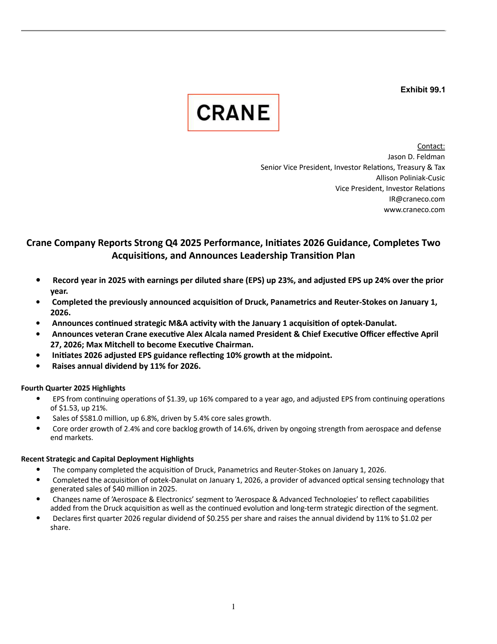 Crane's Q4 2025 Press Release