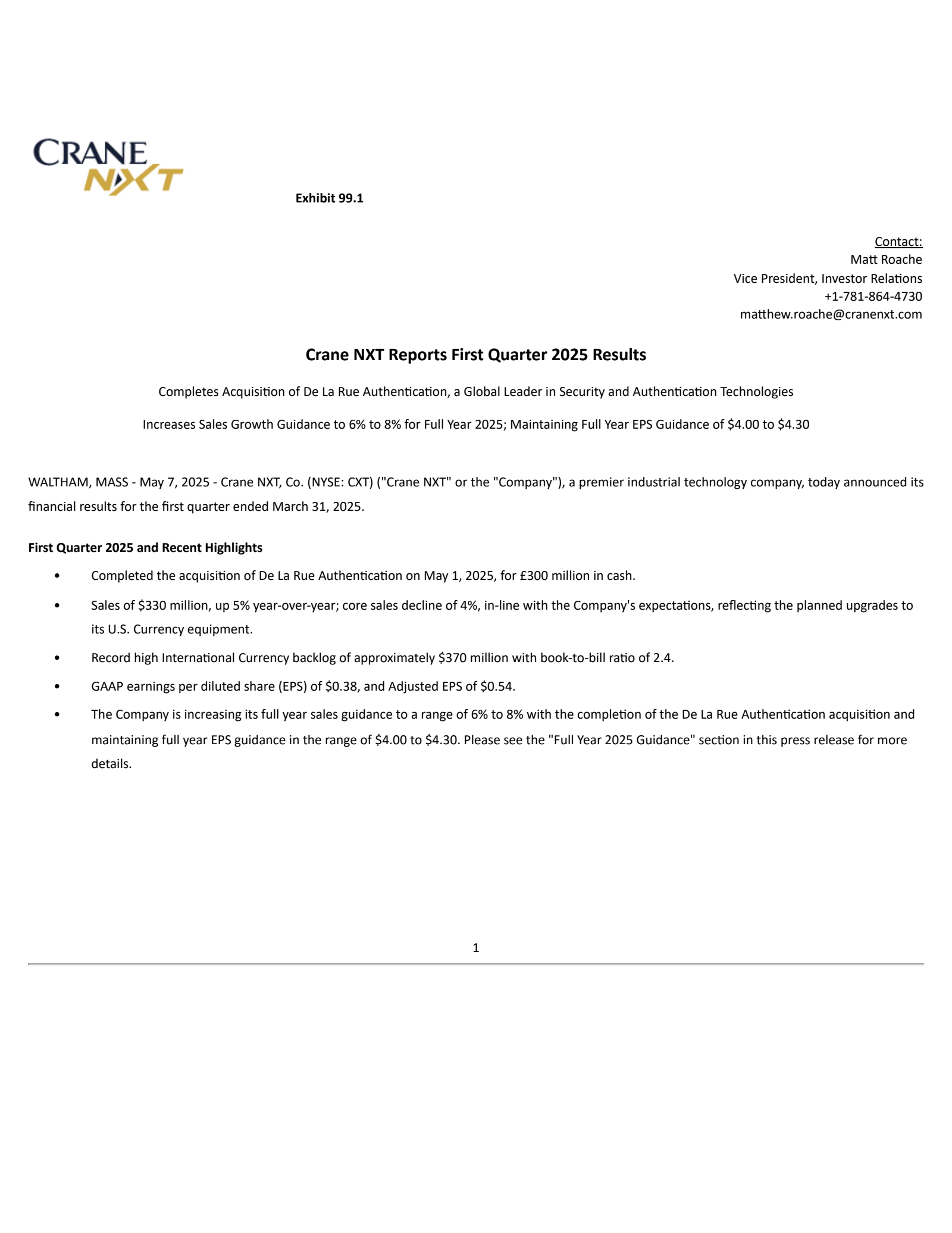 Crane NXT's Q1 2025 Press Release