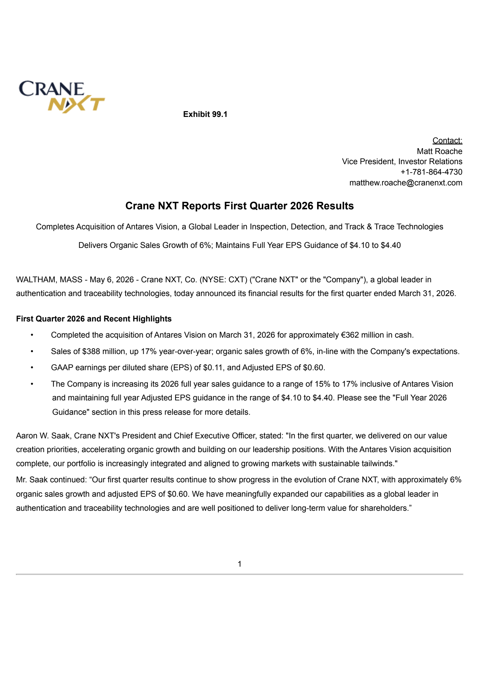Crane NXT's Q1 2026 Press Release