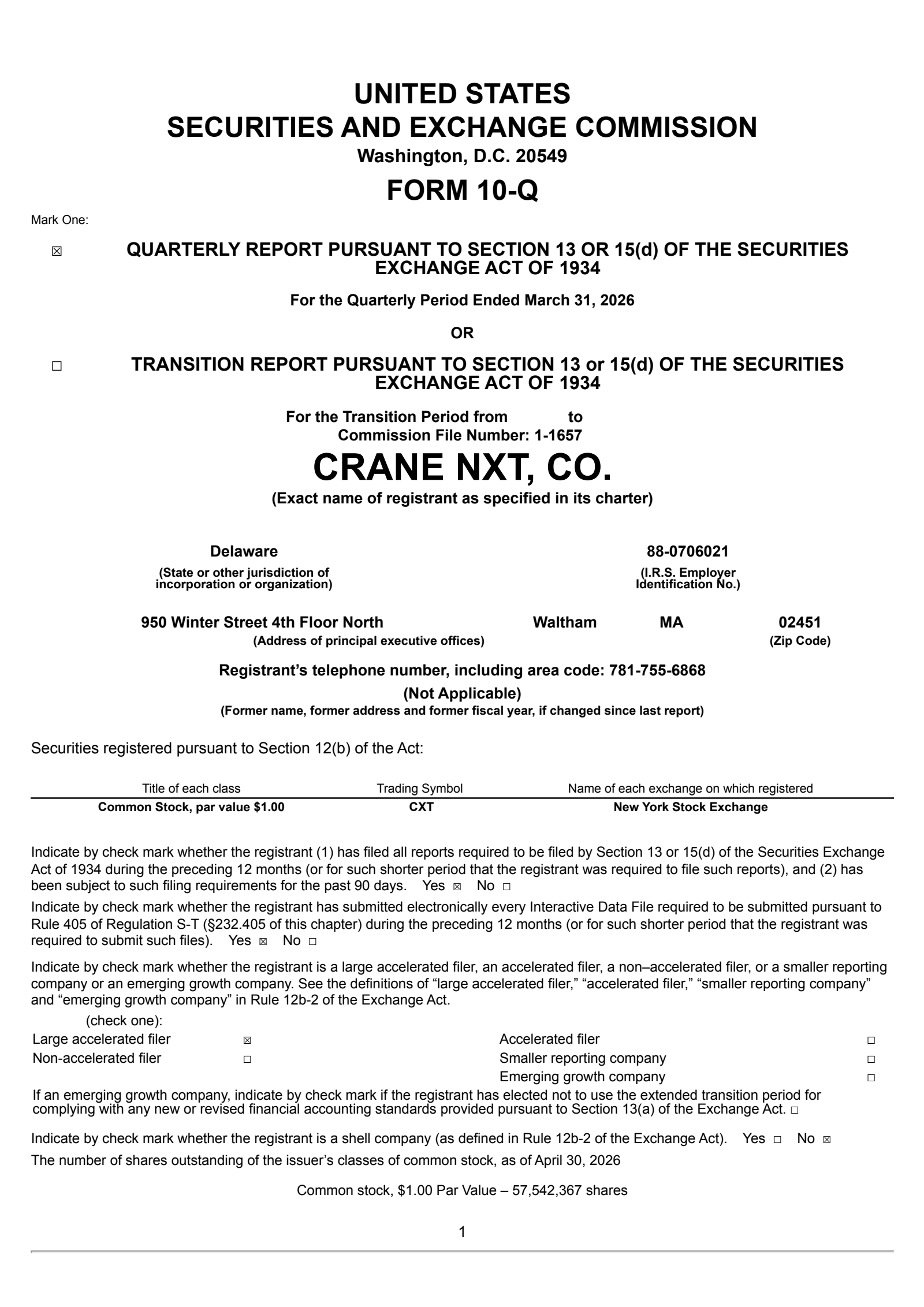 Crane NXT's Q1 2026 Quarterly report