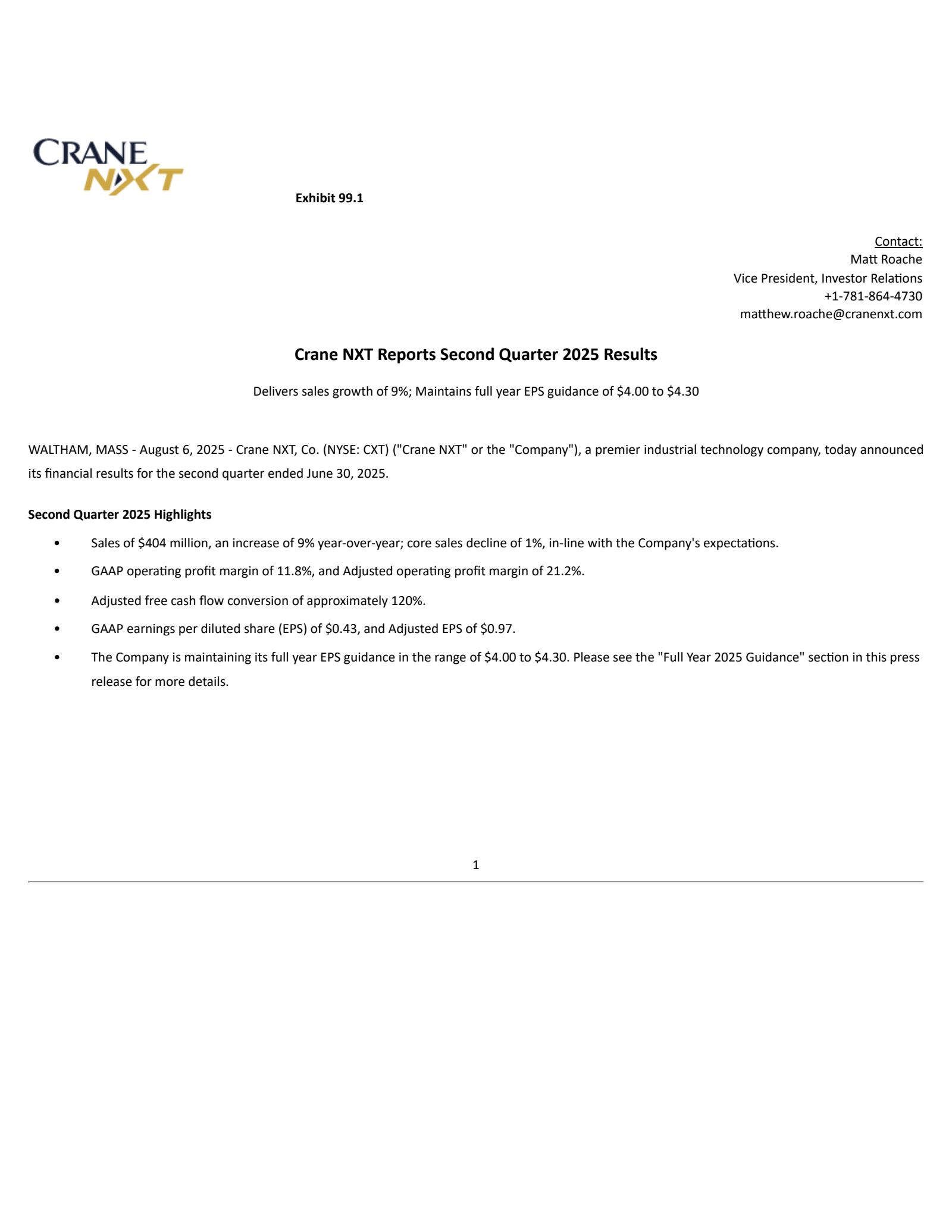 Crane NXT's Q2 2025 Press Release