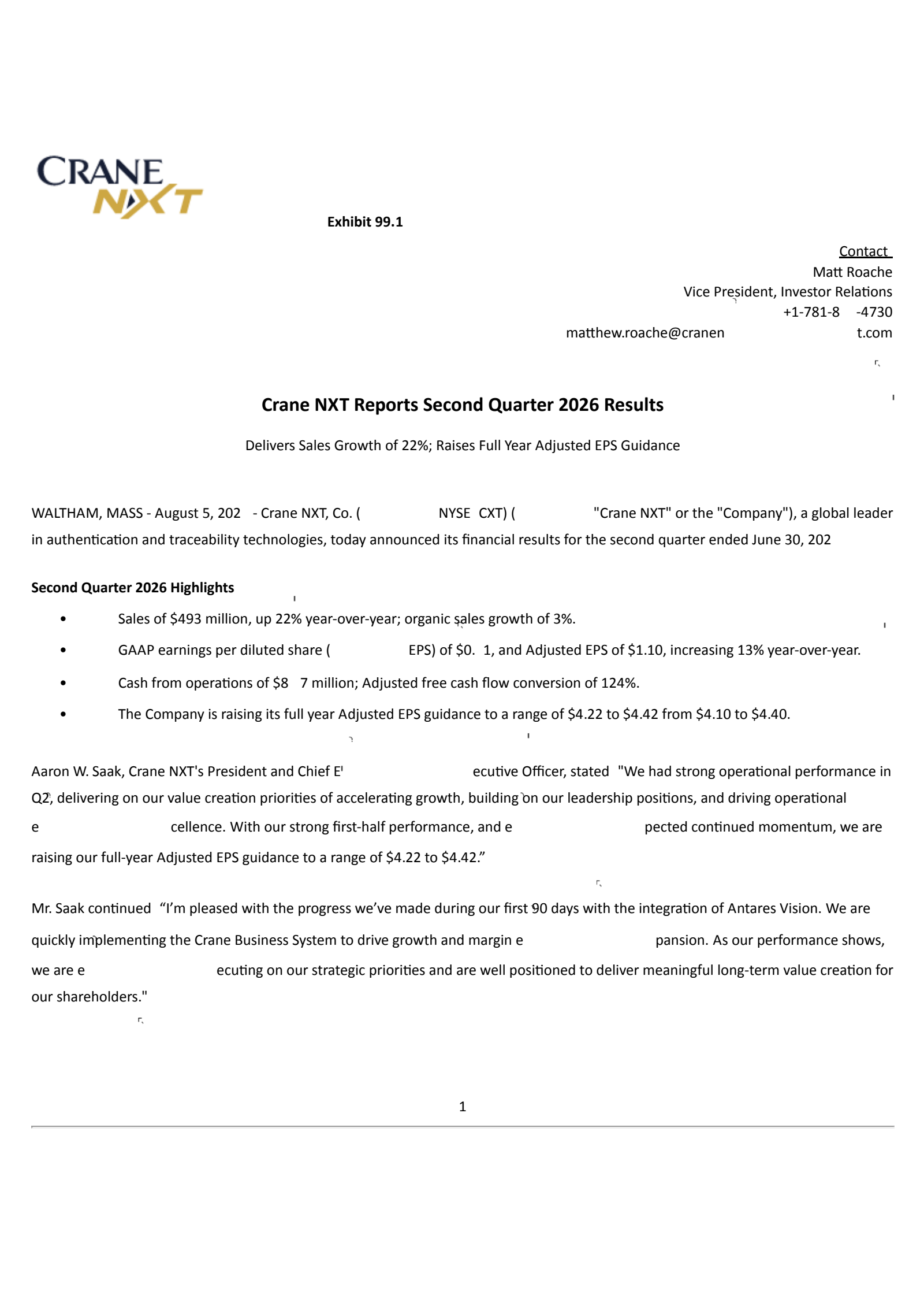 Crane NXT's Q2 2026 Press Release