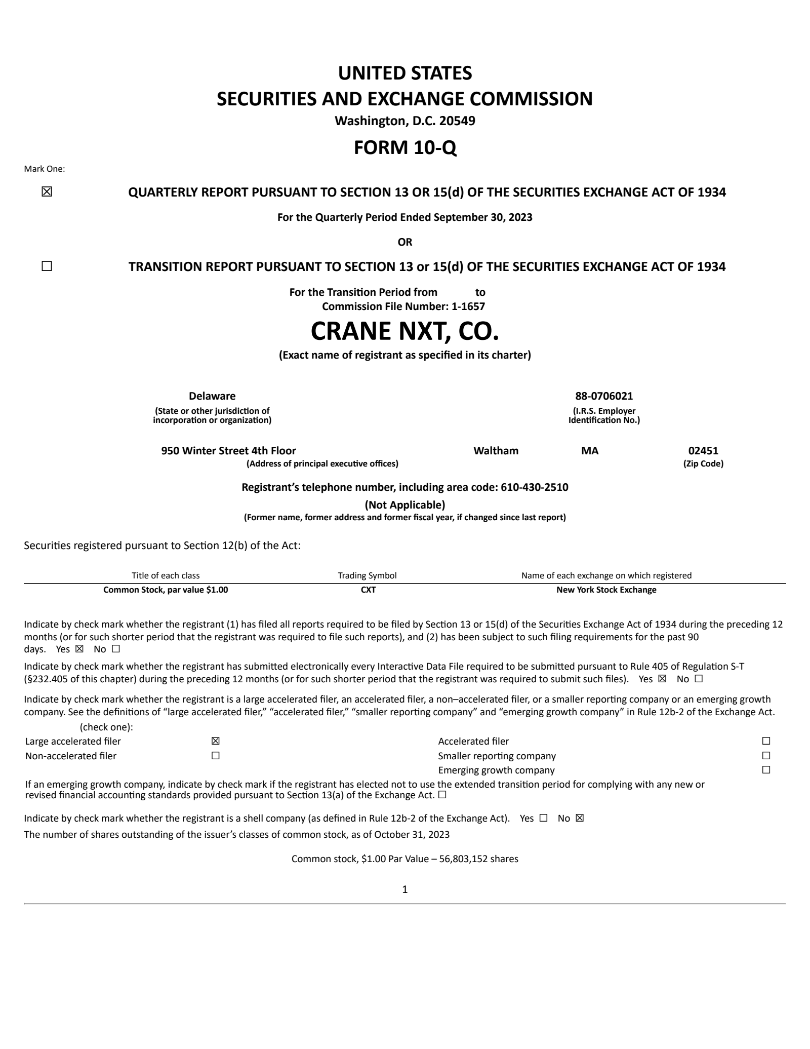 Crane NXT's Q3 2023 Quarterly Report