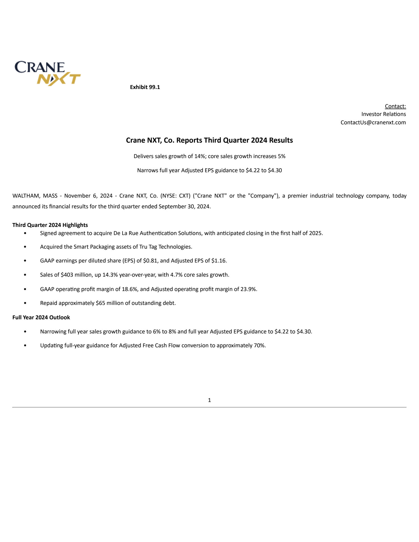 Crane NXT's Q3 2024 Press Release