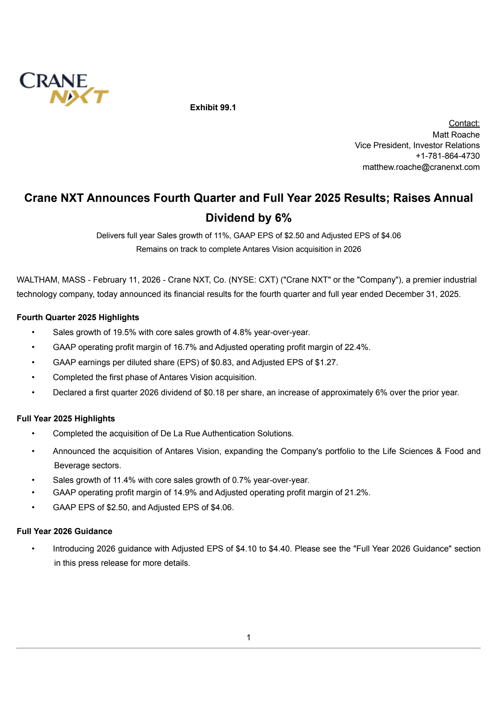 Crane NXT's Q4 2025 Press Release