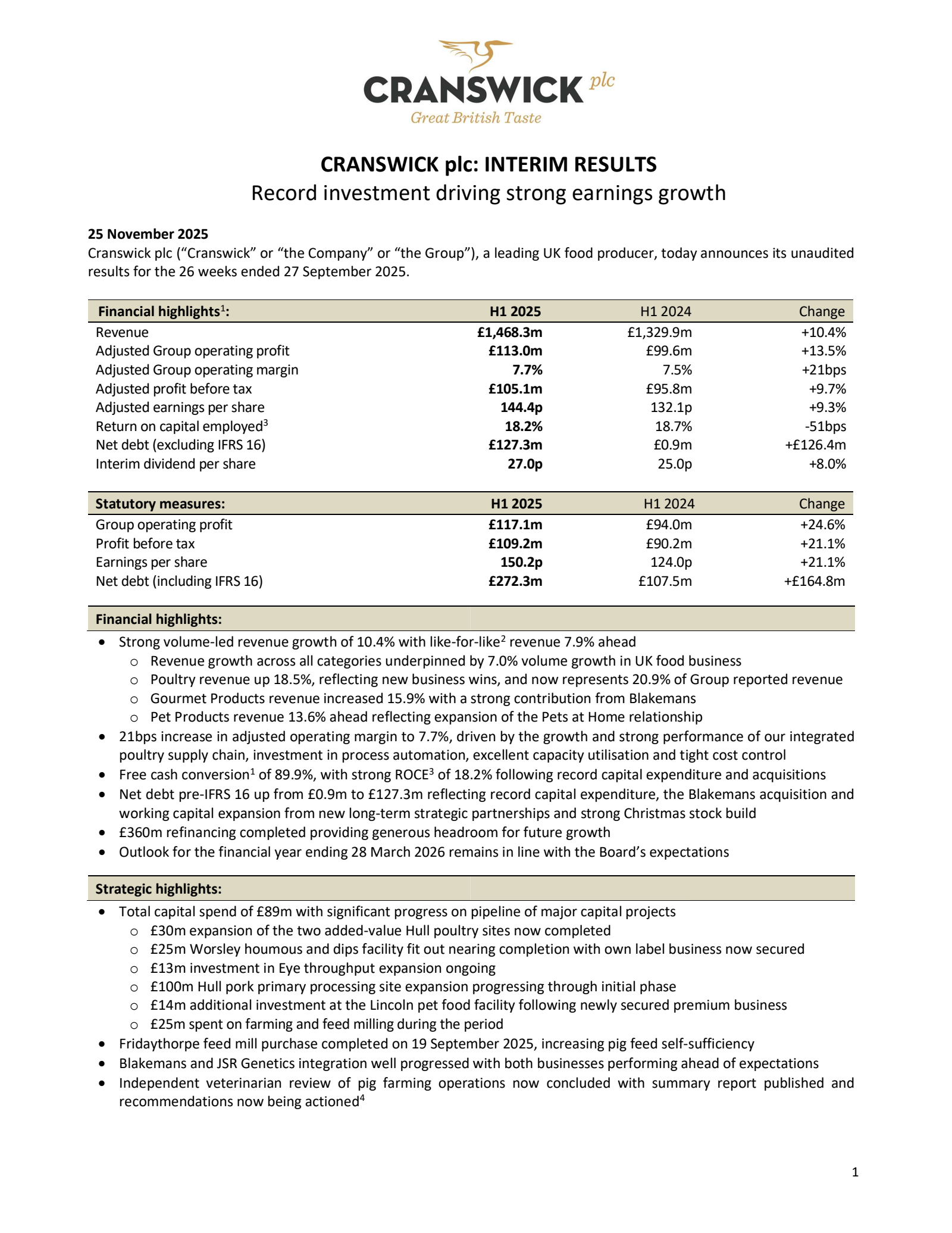 Cranswick's H1 2026 Interim Report