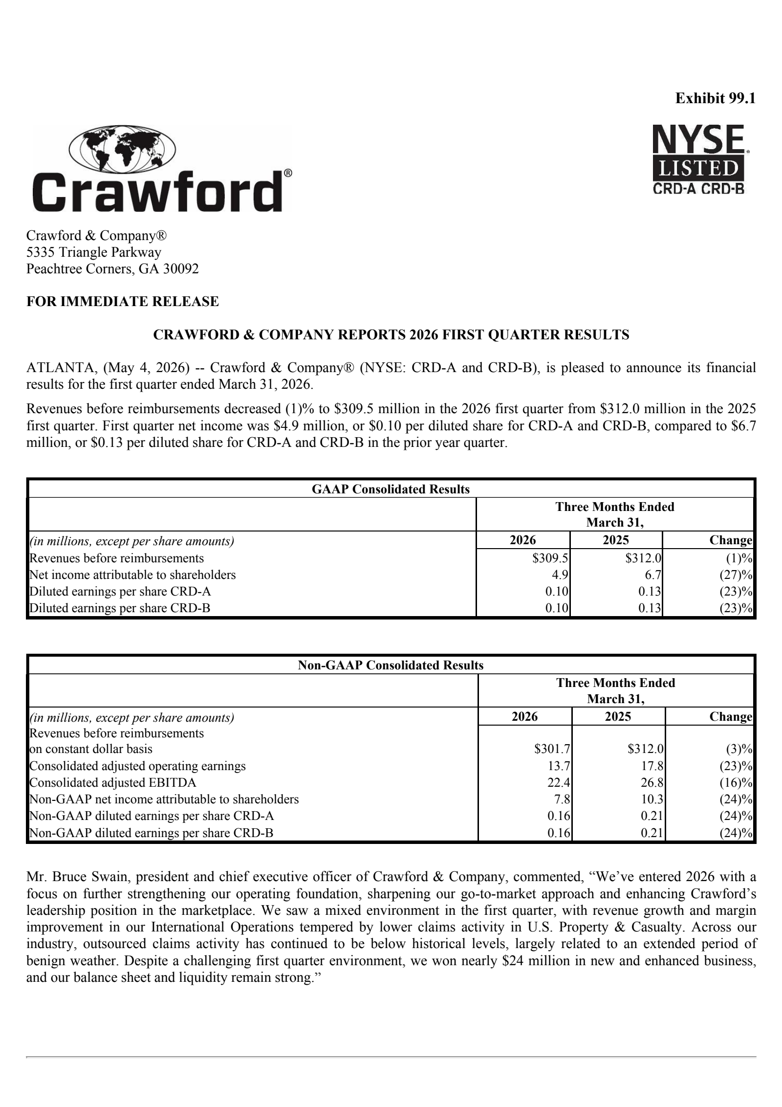 Crawford & Company's Q1 2026 Press Release