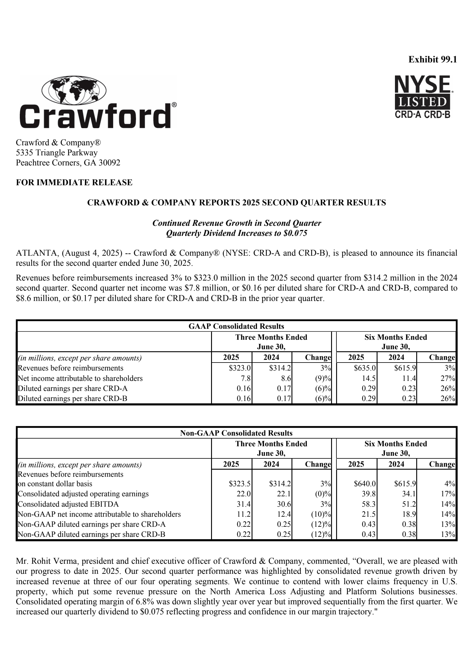 Crawford & Company's Q2 2025 Press Release