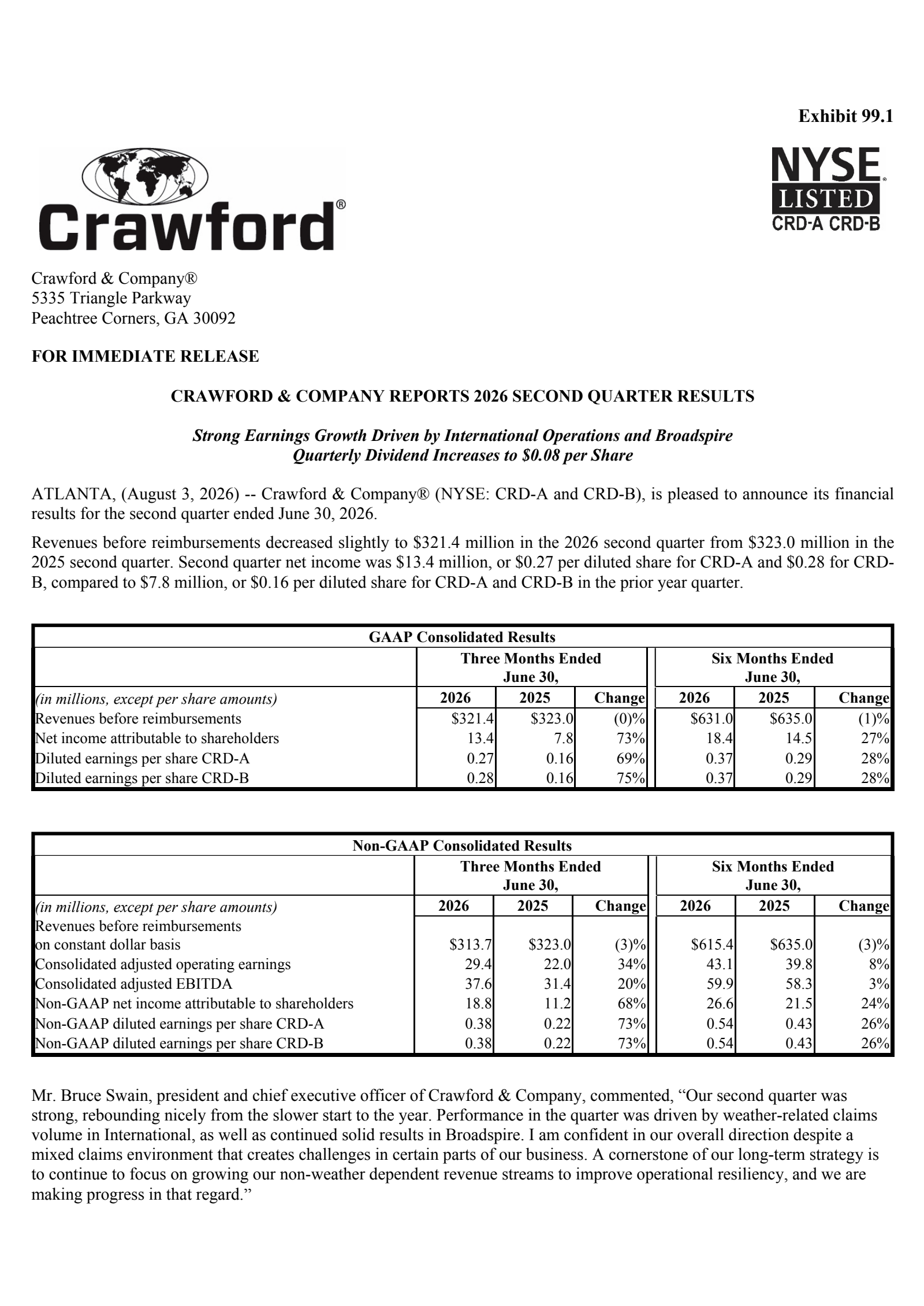 Crawford & Company's Q2 2026 Press Release