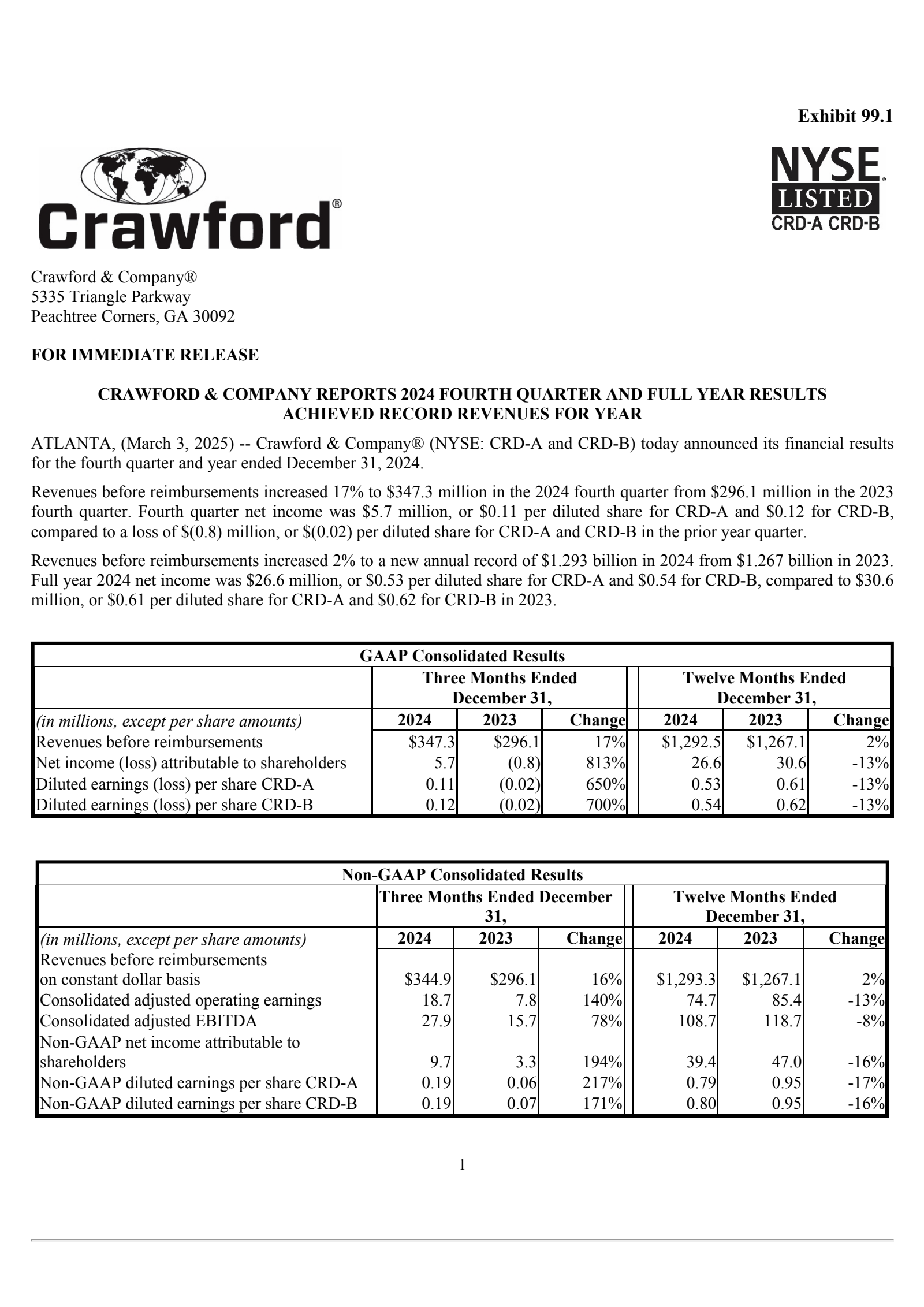 Crawford & Company's Q4 2024 Press Release