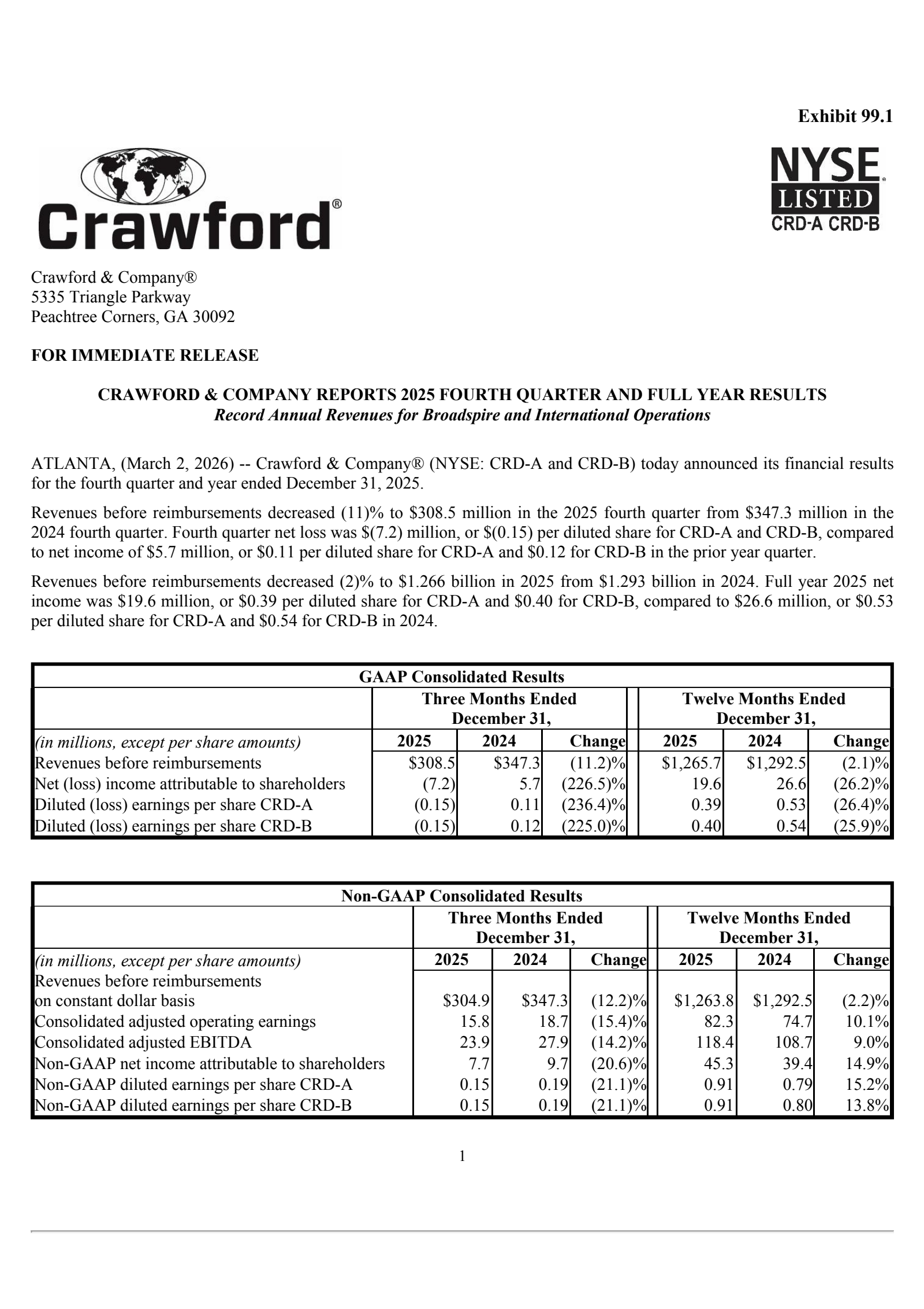 Crawford & Company's Q4 2025 Press Release