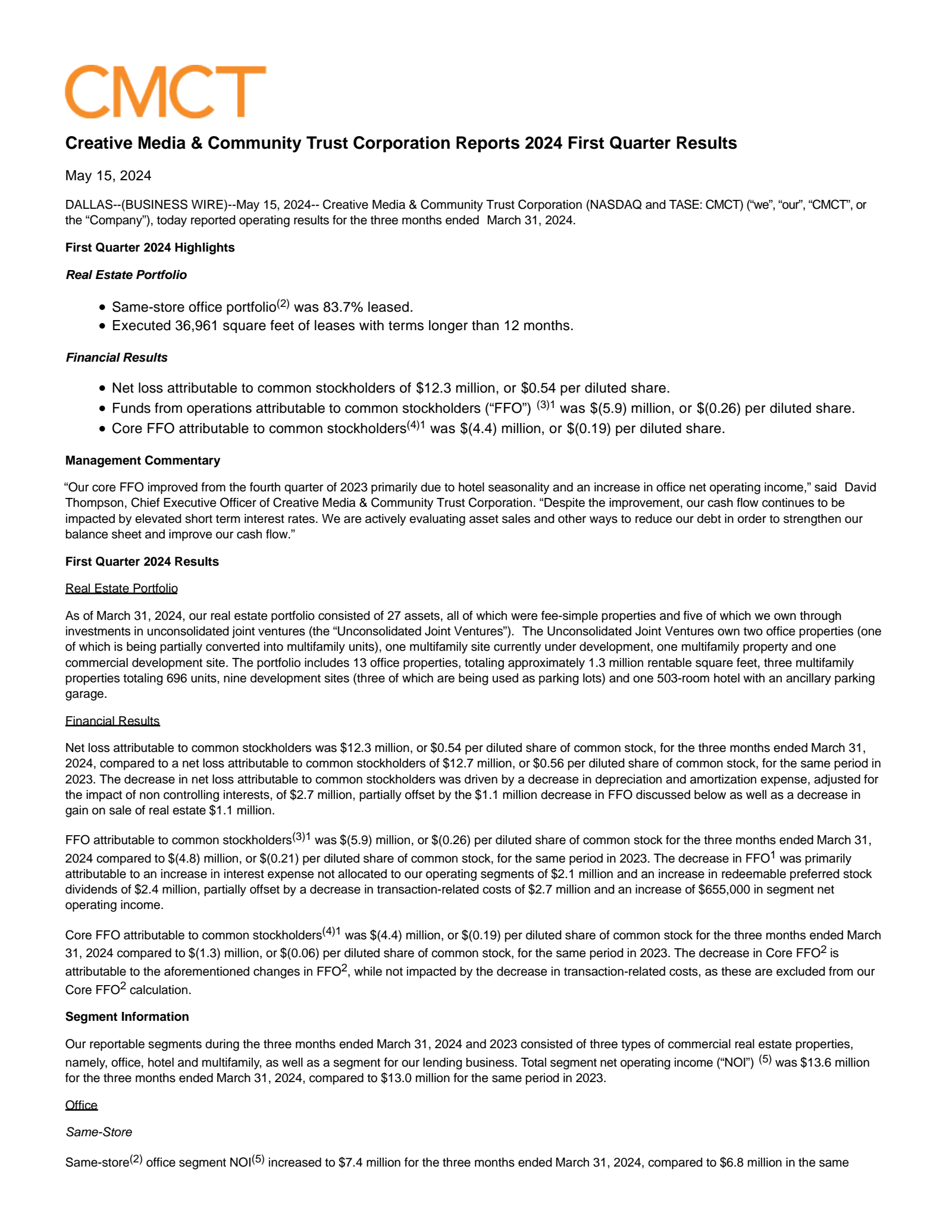 Creative Media & Community Trust Corporation's Q1 2024 Press Release
