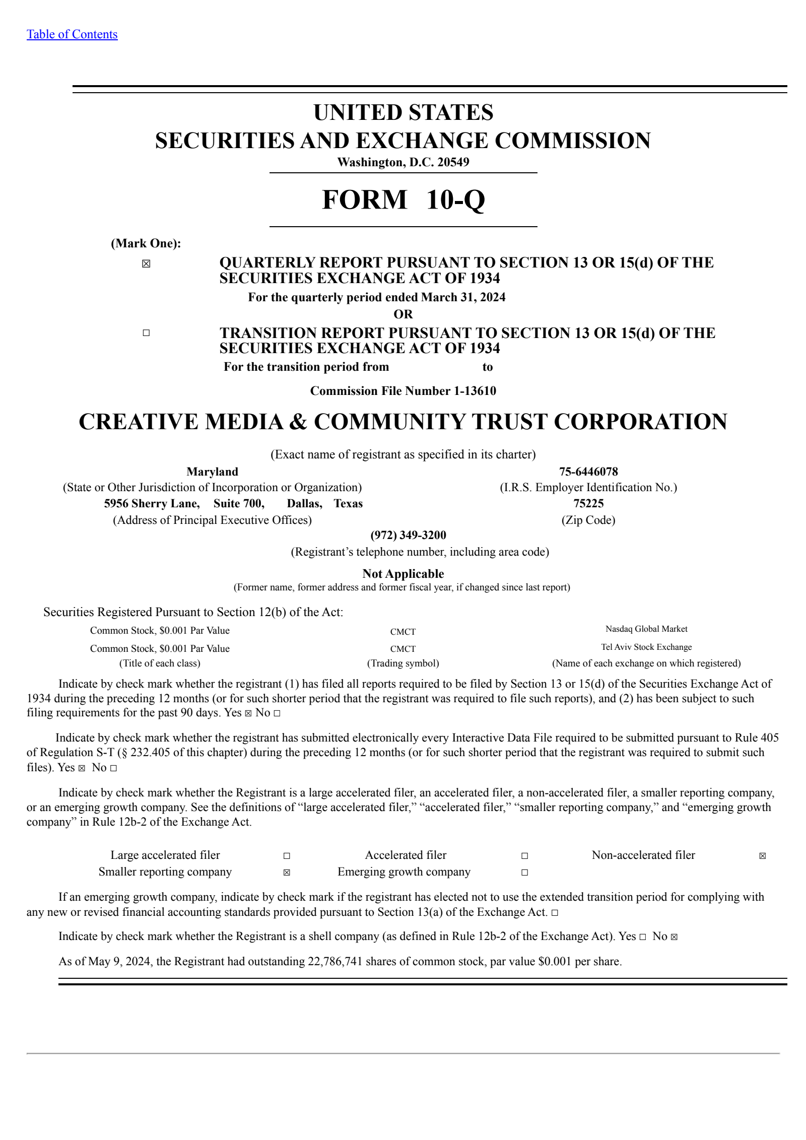Creative Media & Community Trust Corporation's Q1 2024 Quarterly report