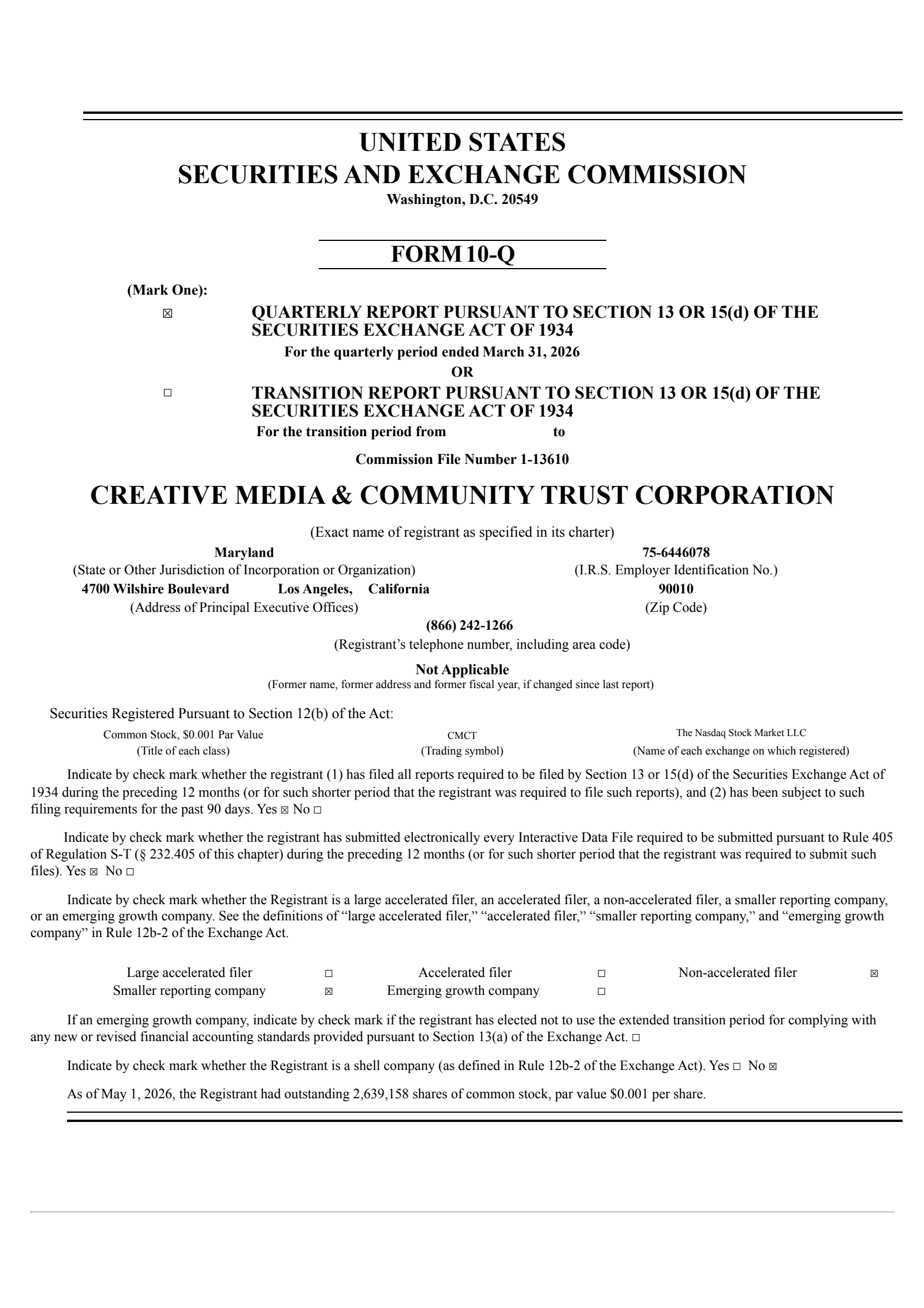 Creative Media & Community Trust Corporation's Q1 2026 Quarterly report