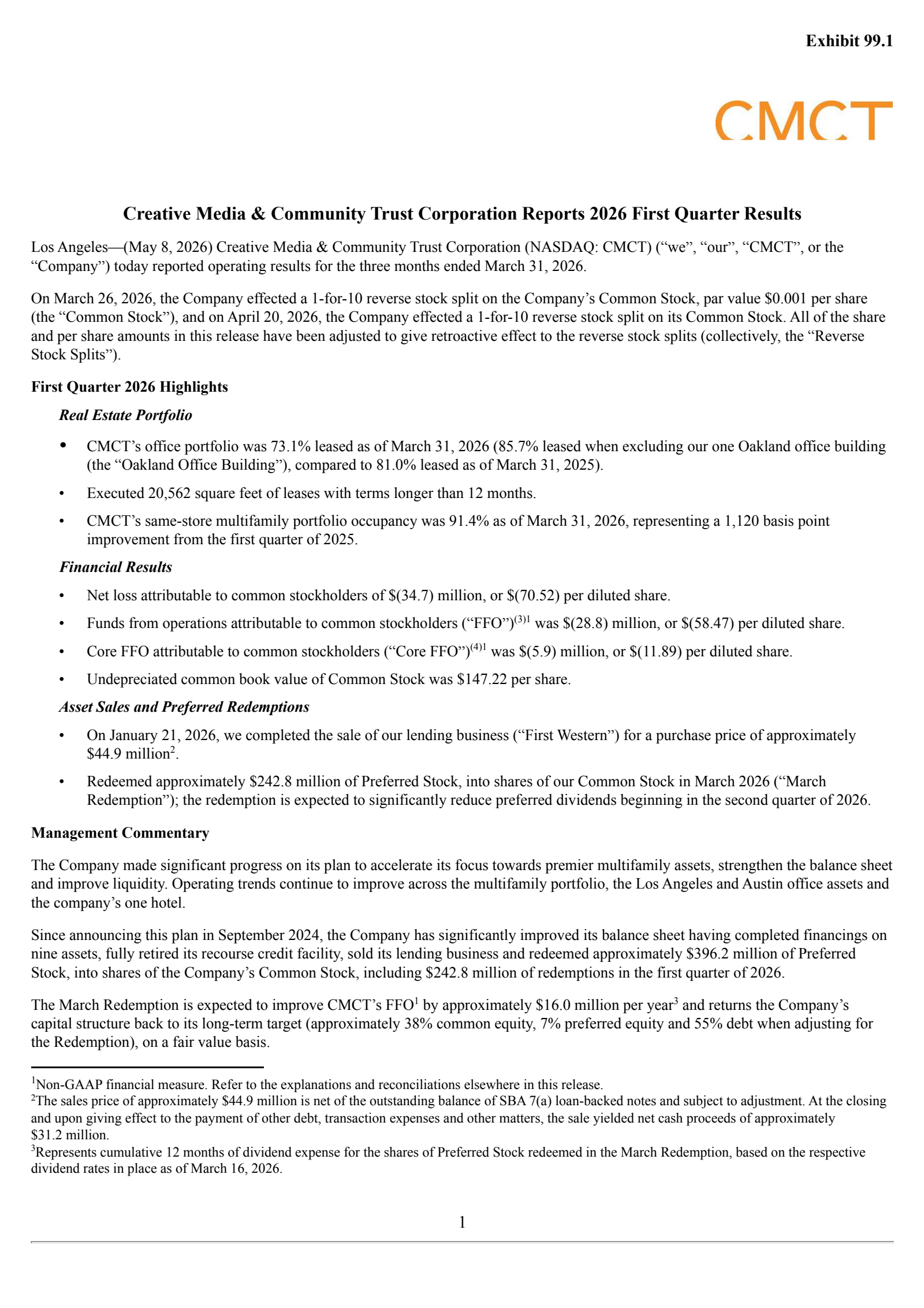 Creative Media & Community Trust Corporation's Q1 2026 Press Release