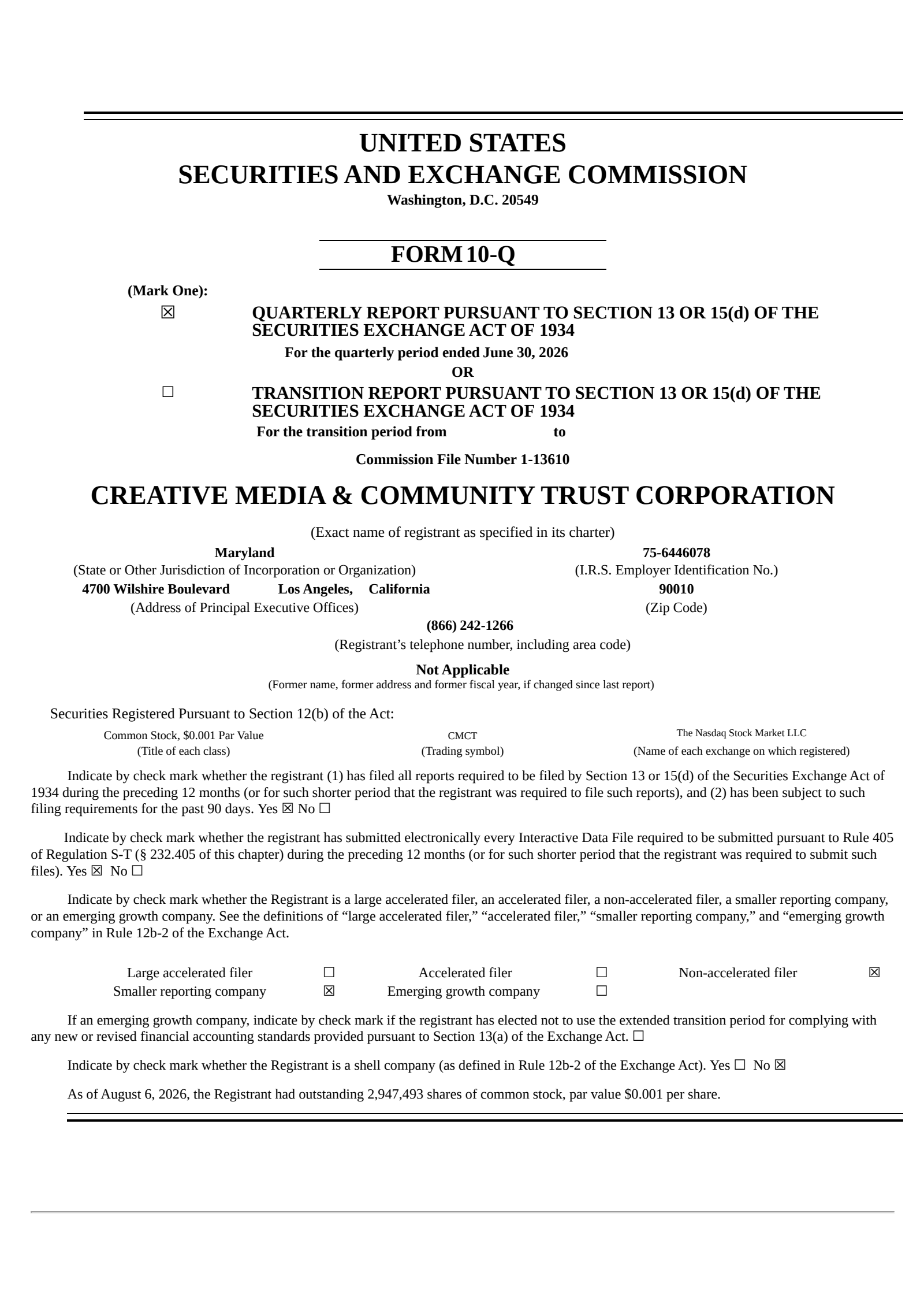 Creative Media & Community Trust Corporation's Q2 2026 Quarterly report