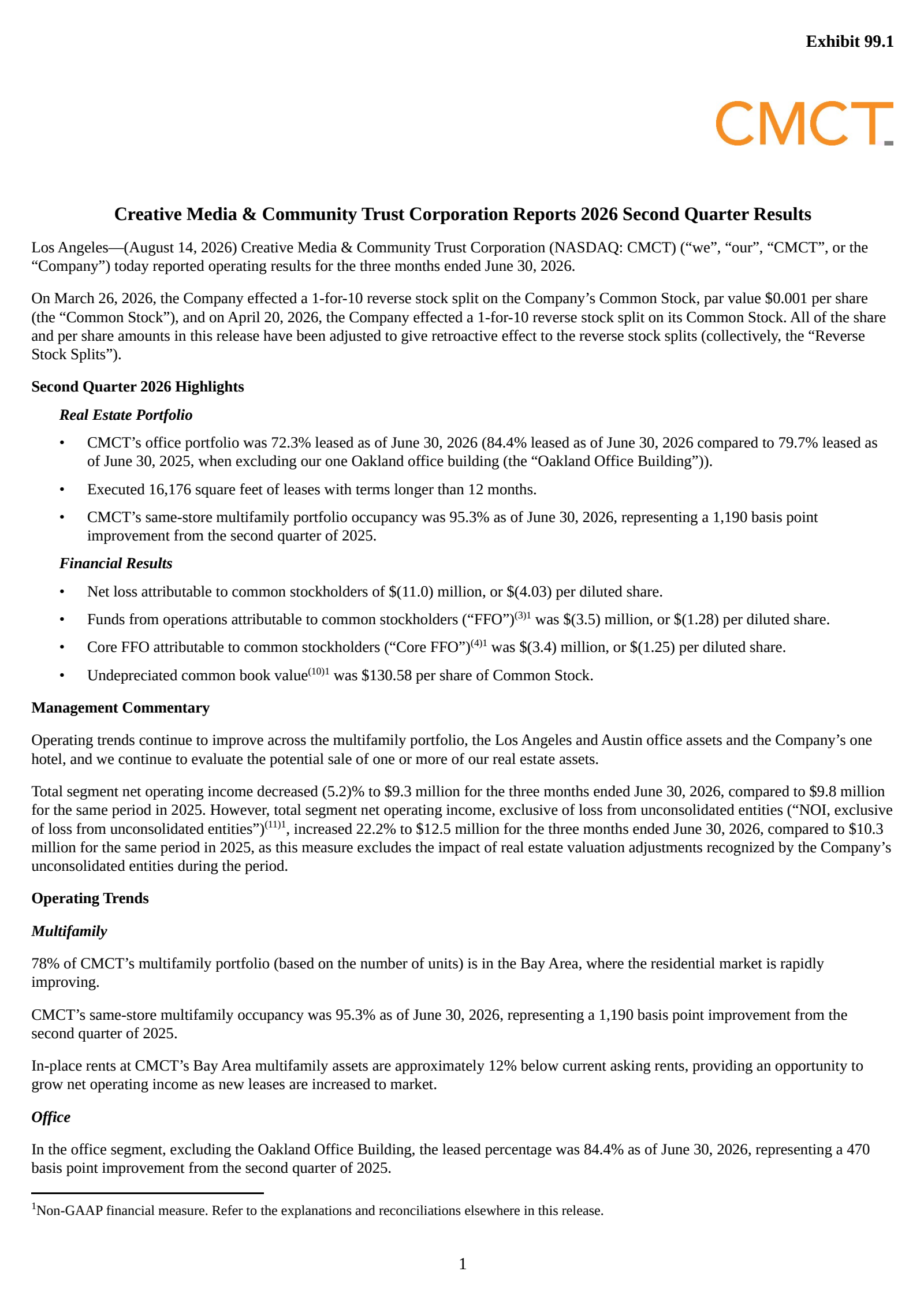 Creative Media & Community Trust Corporation's Q2 2026 Press Release