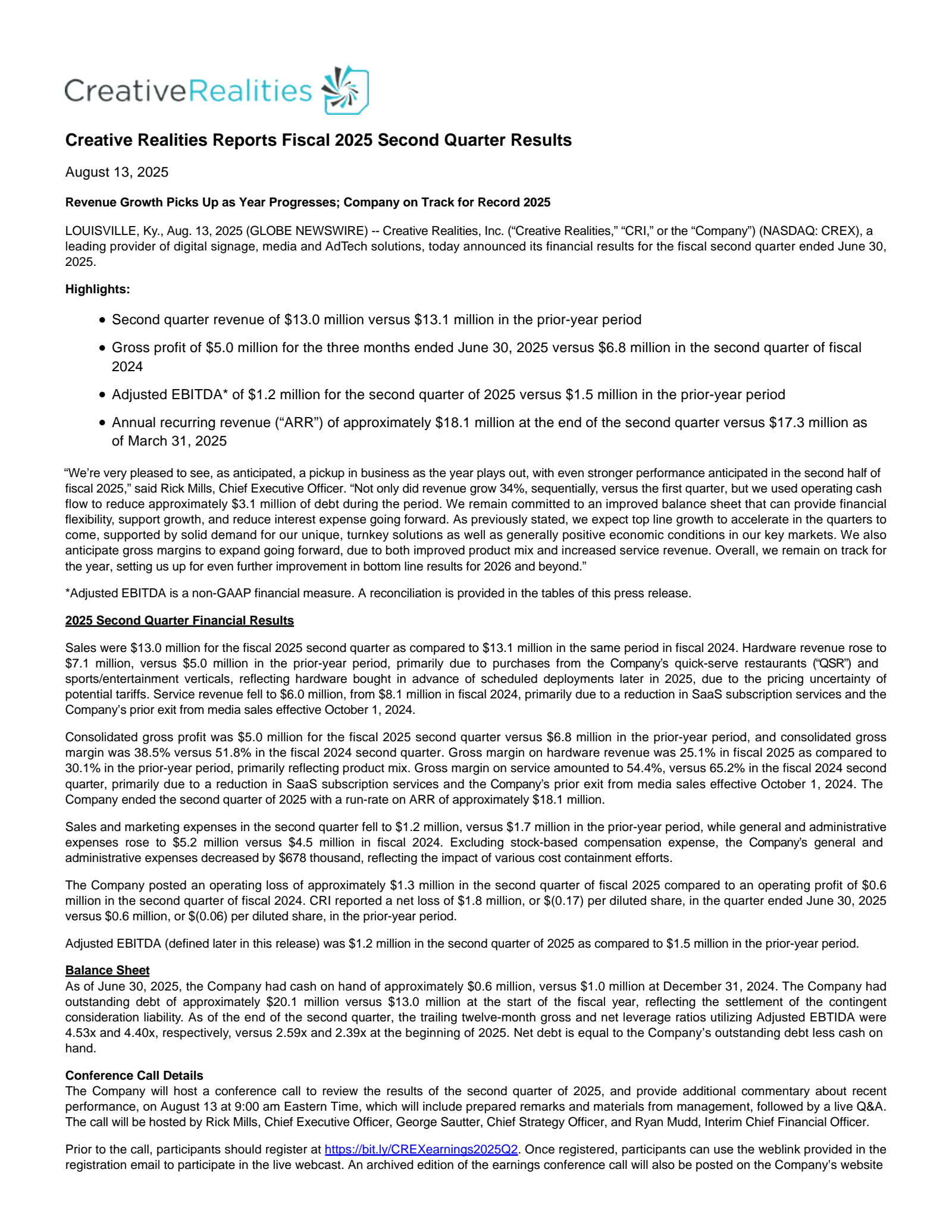 Creative Realities' Q2 2025 Press Release