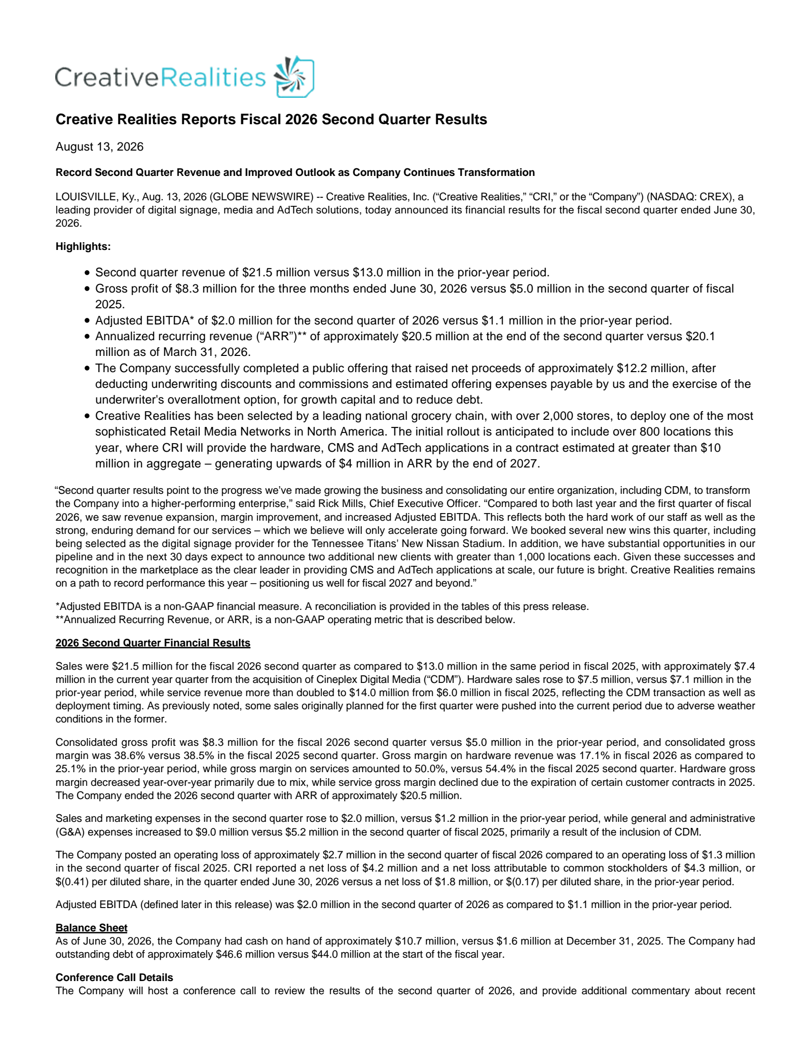 Creative Realities' Q2 2026 Press Release