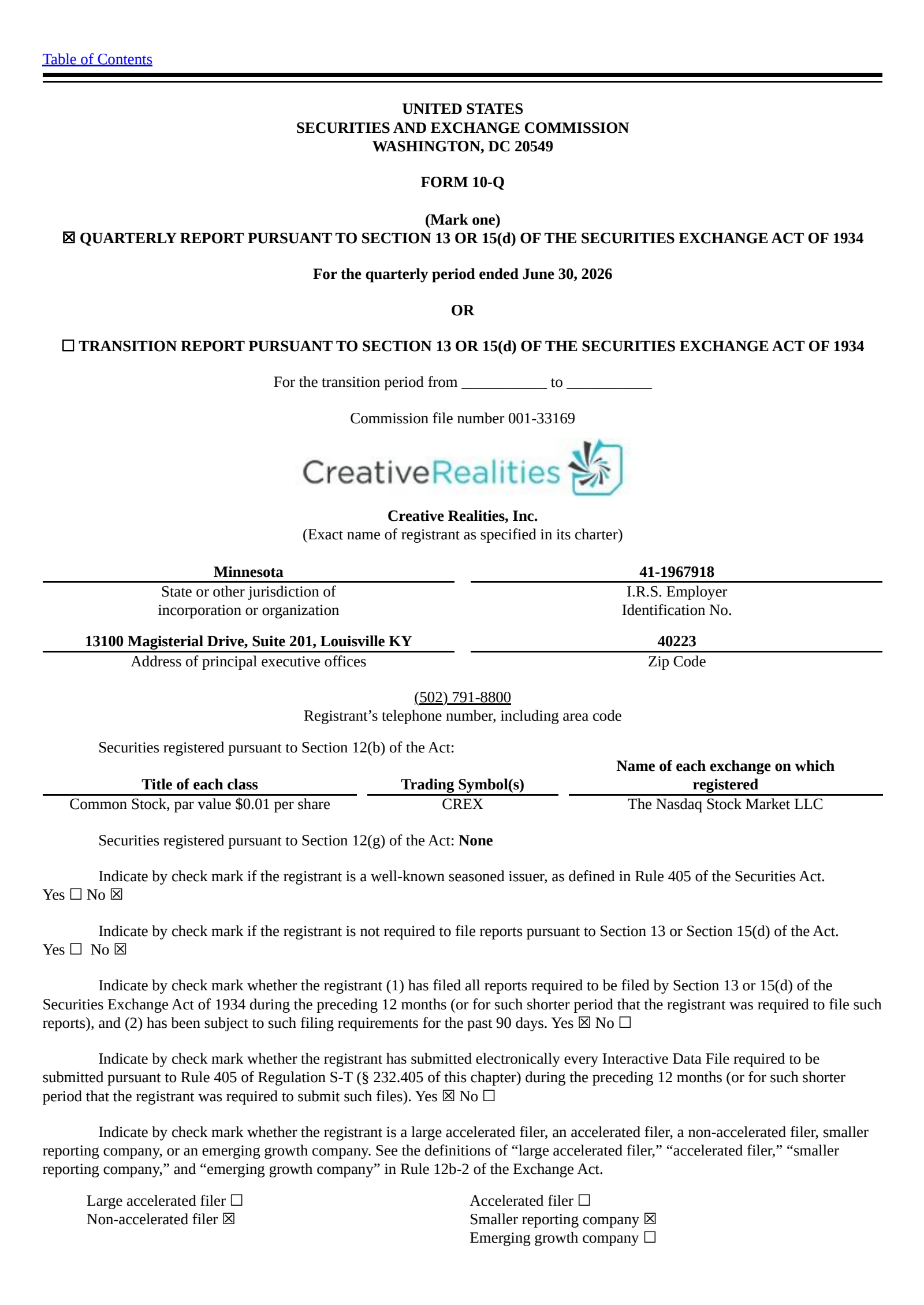 Creative Realities' Q2 2026 Quarterly report