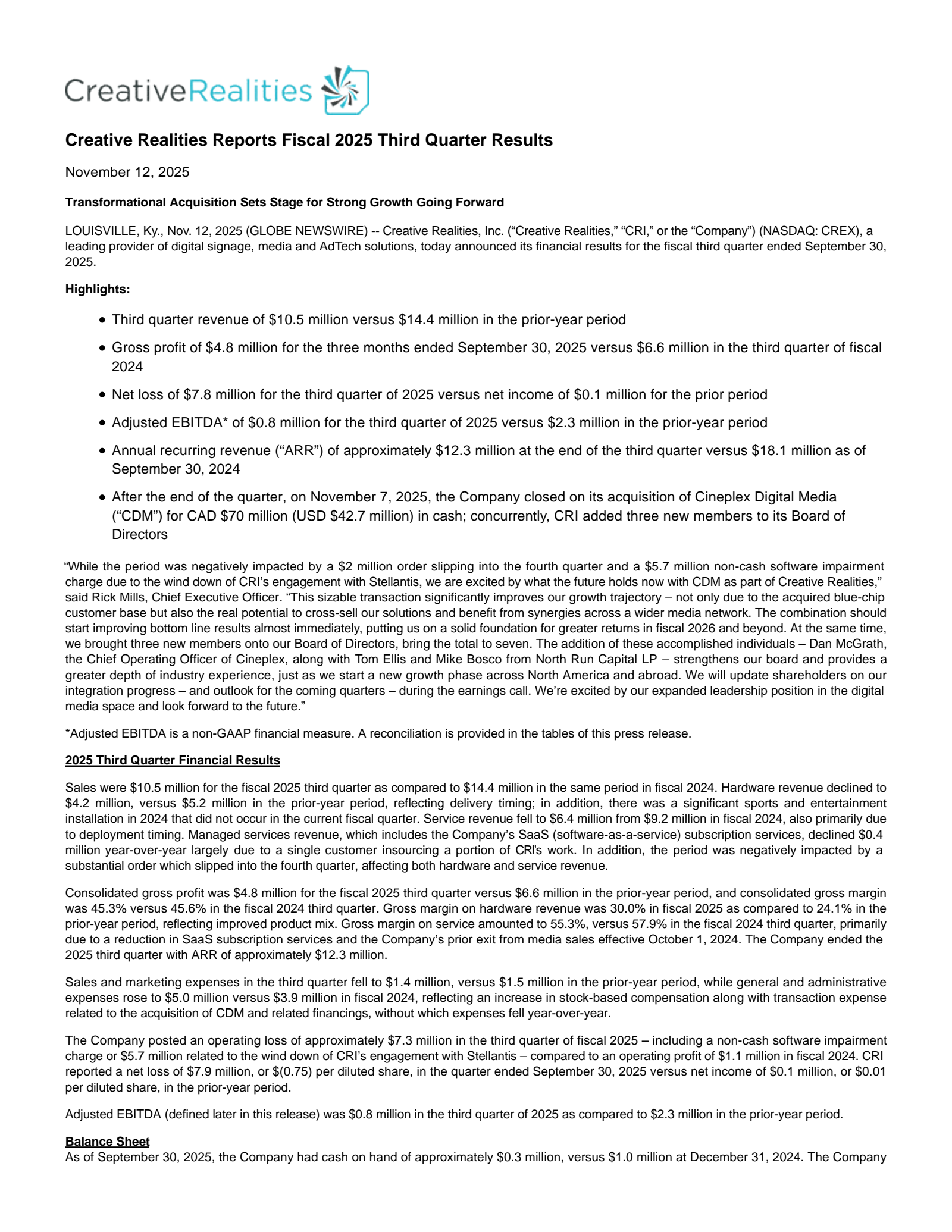 Creative Realities' Q3 2025 Earnings Release