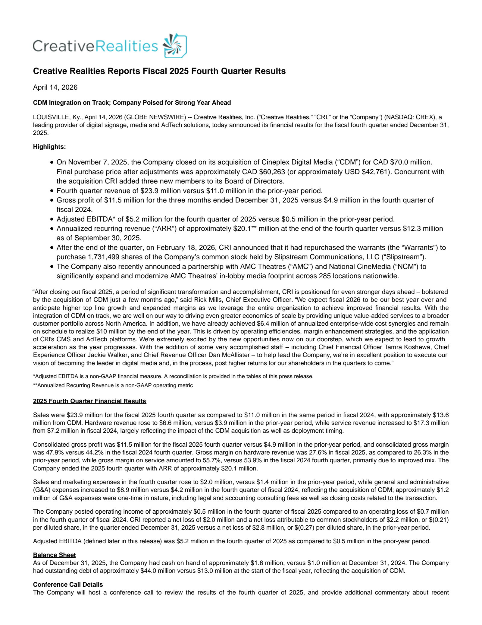Creative Realities' Q4 2025 Press Release