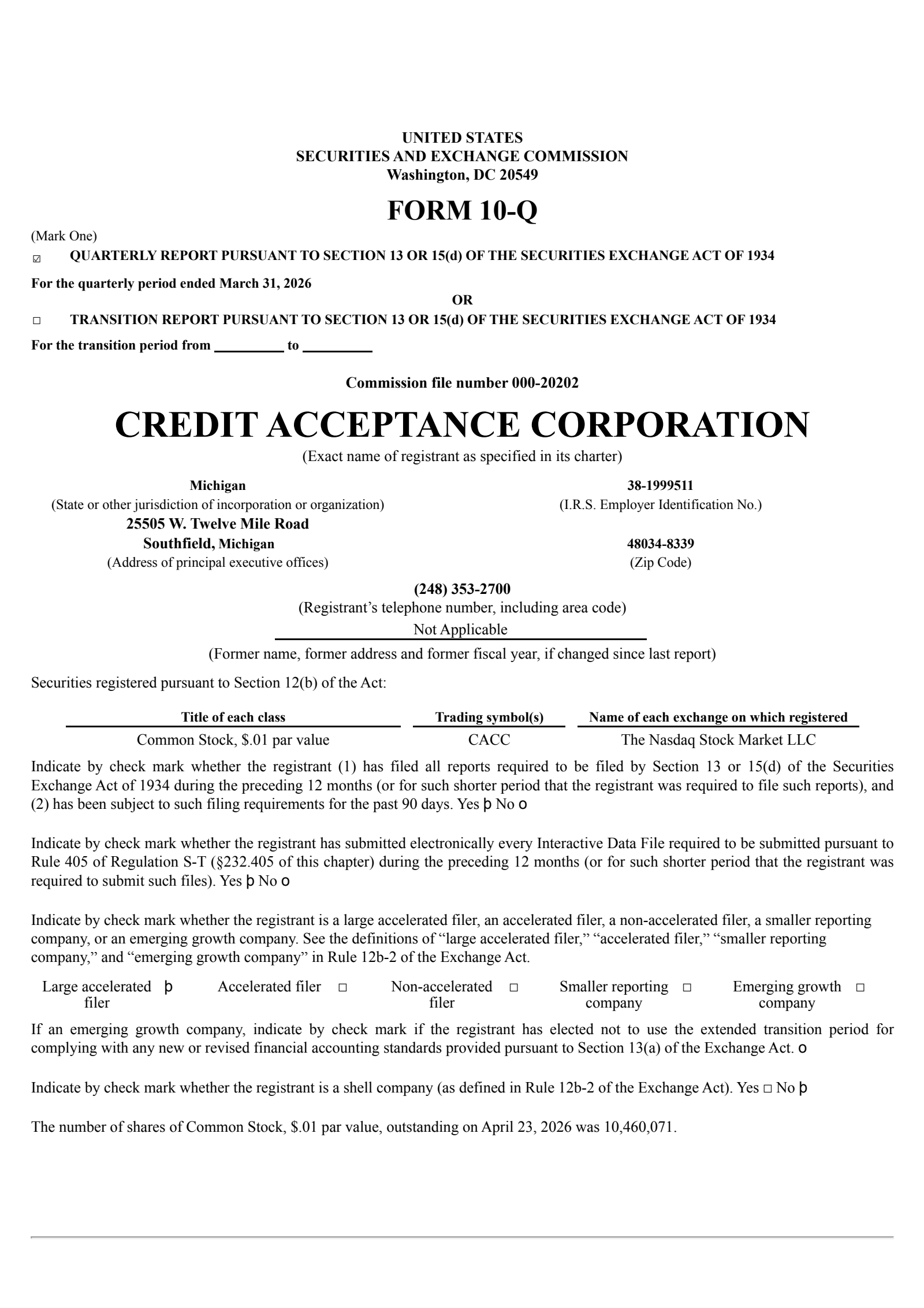 Credit Acceptance's Q1 2026 Quarterly report